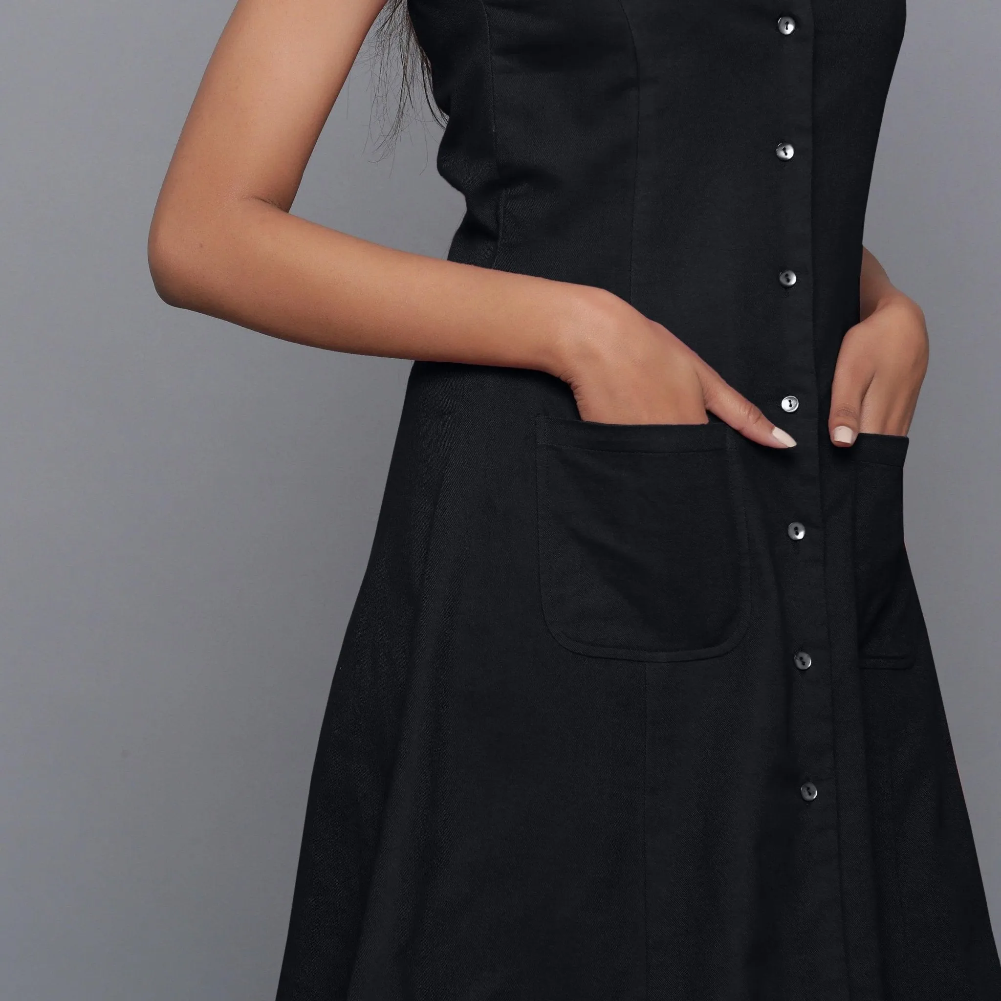 Moonlight Black Warm Cotton Flannel Button-Down Short Dress