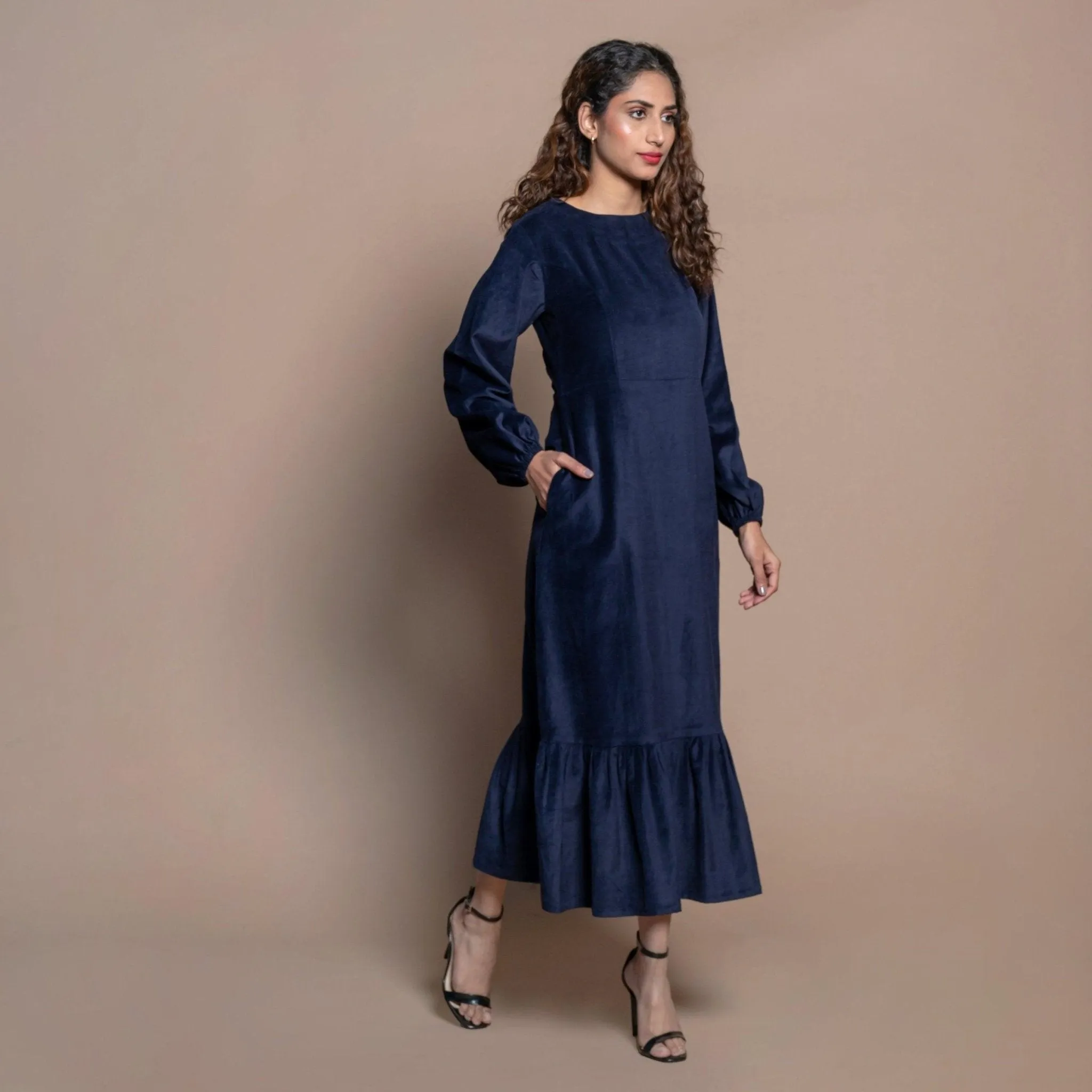 Navy Blue Cotton Velvet Princess Line Maxi Dress