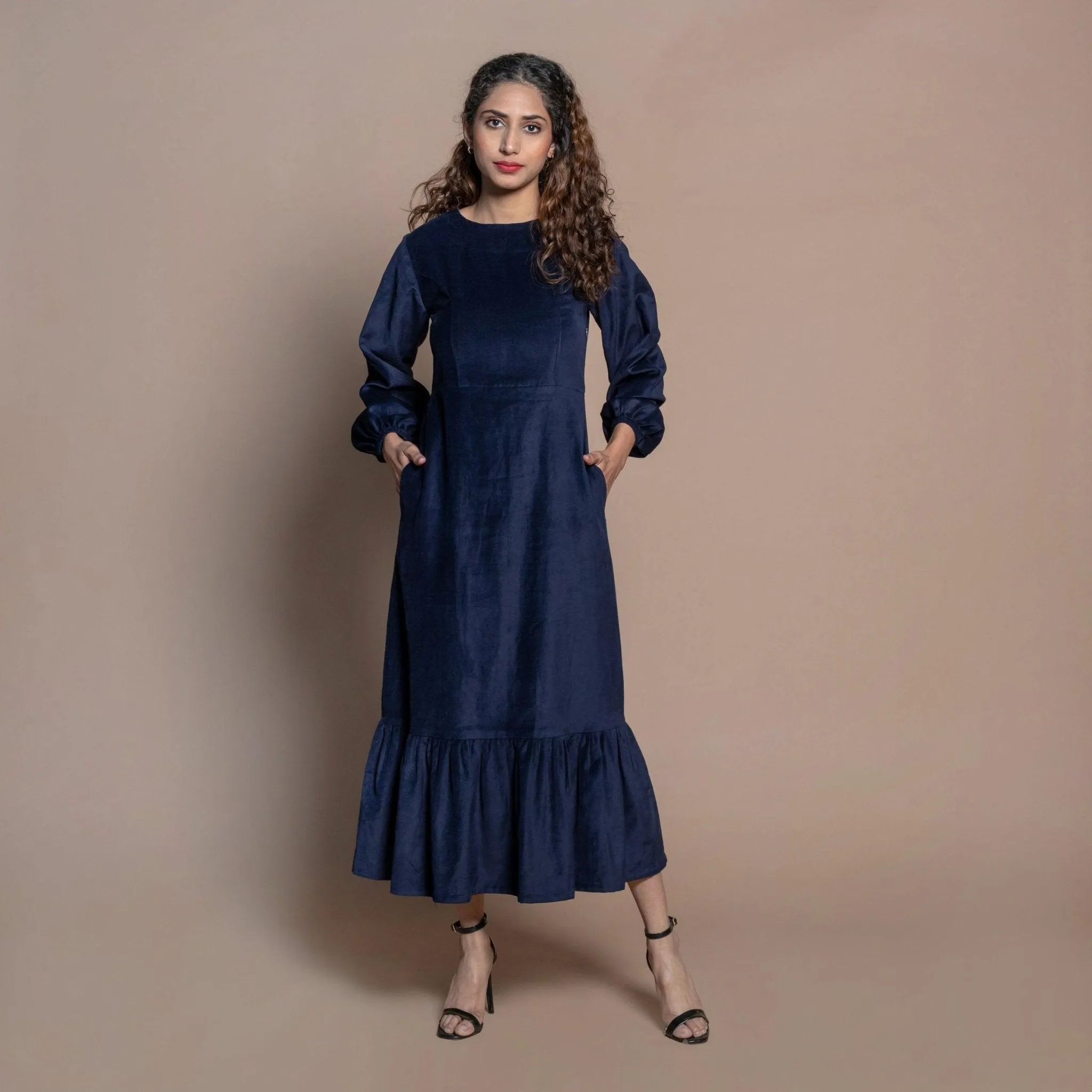 Navy Blue Cotton Velvet Princess Line Maxi Dress