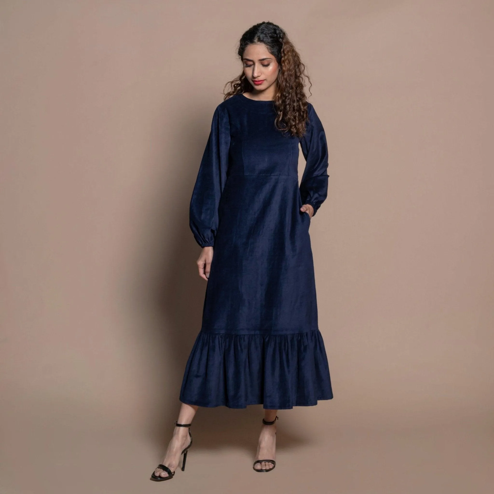 Navy Blue Cotton Velvet Princess Line Maxi Dress