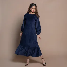 Navy Blue Cotton Velvet Princess Line Maxi Dress