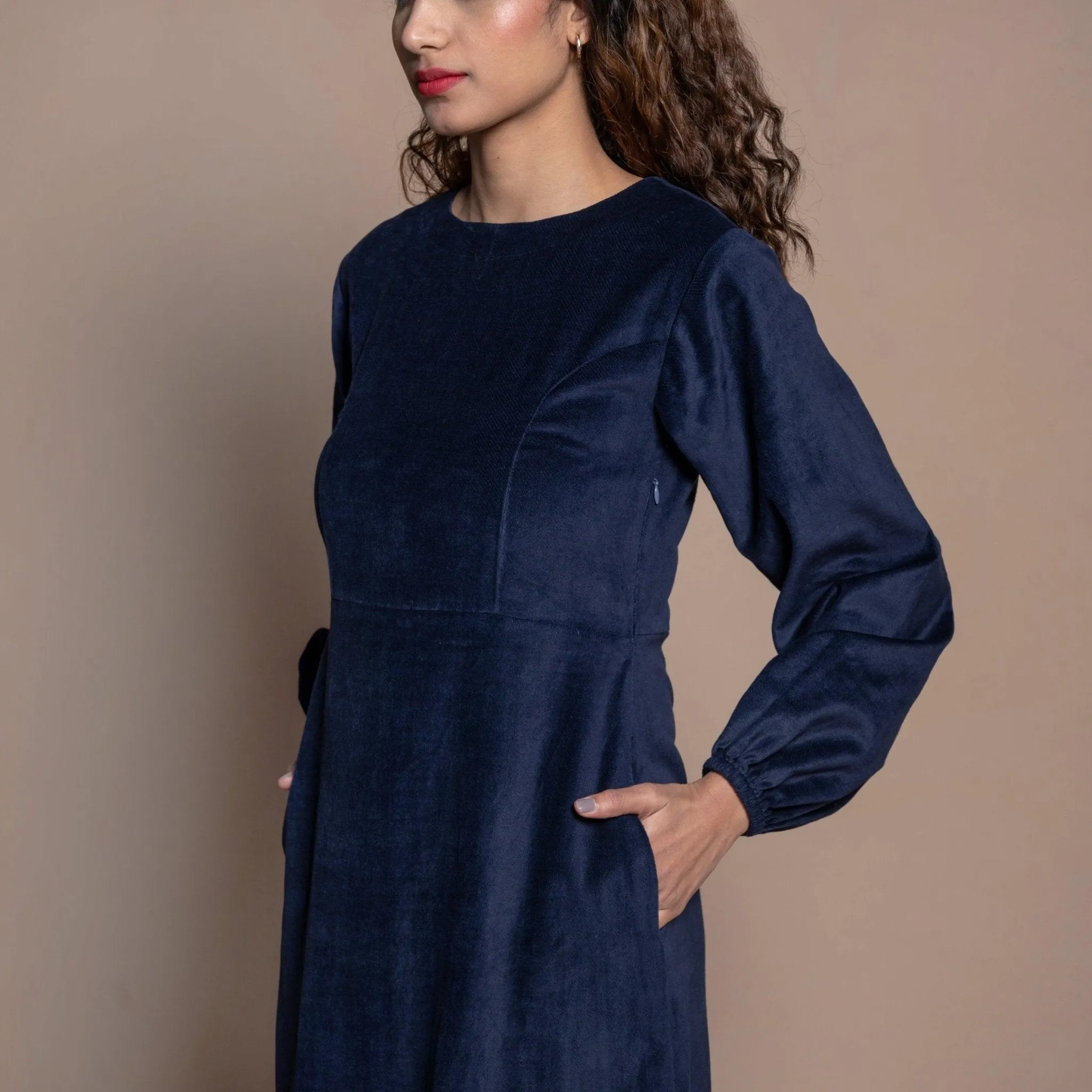 Navy Blue Cotton Velvet Princess Line Maxi Dress