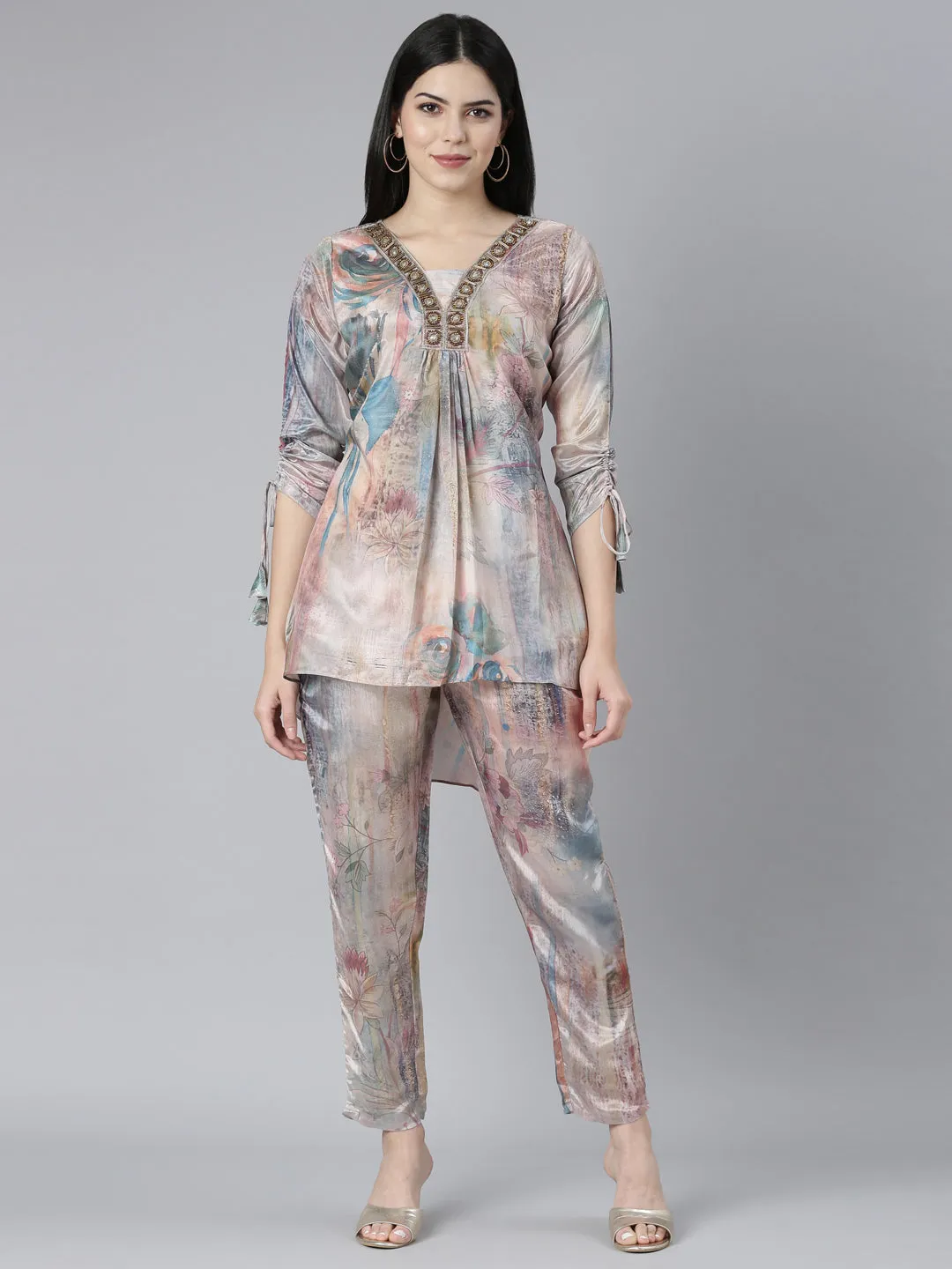 Neerus Multi Regular High-Low Floral Top And Trousers