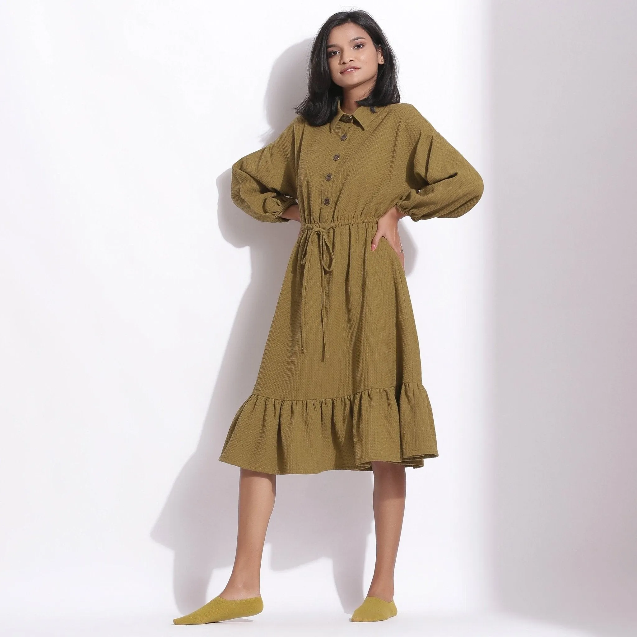 Olive Green Warm Cotton Waffle Knee Length Dress