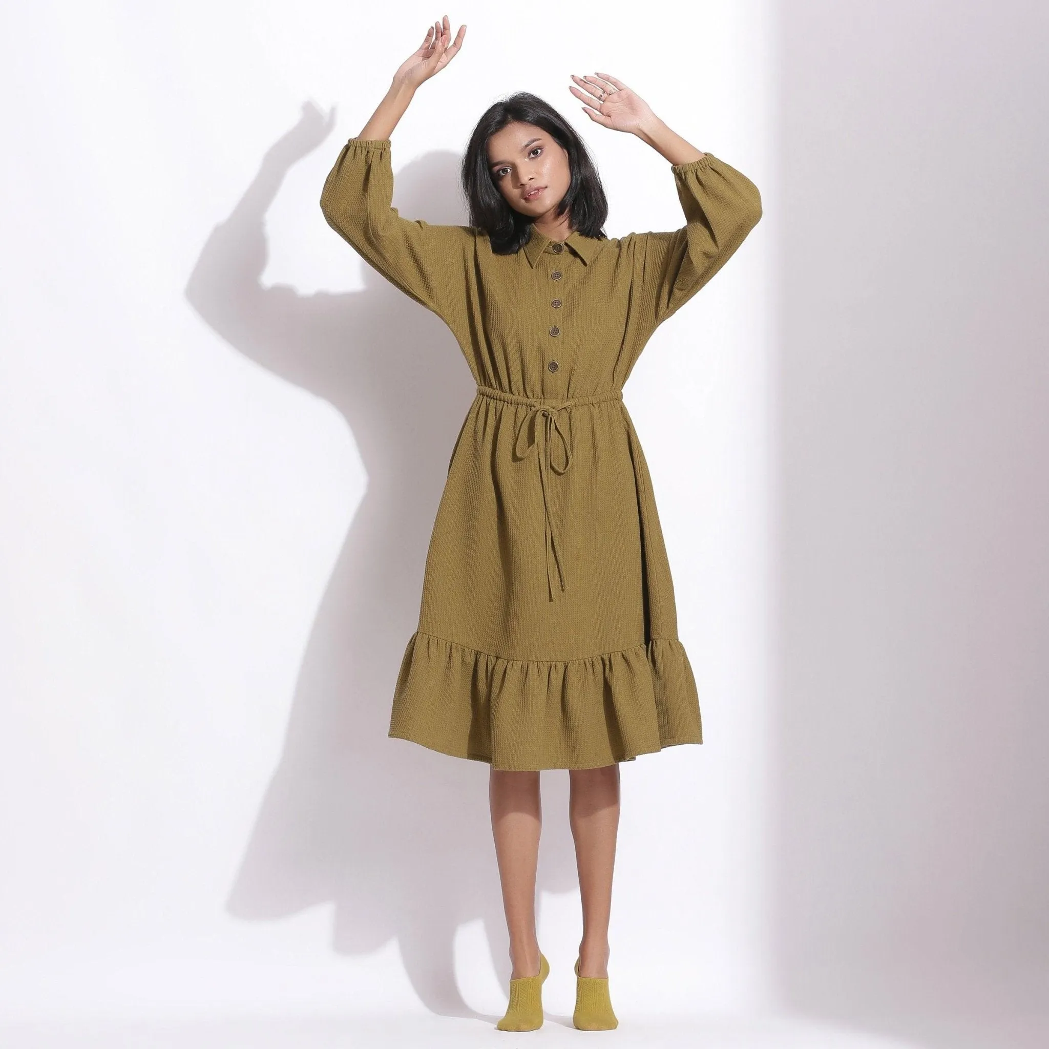 Olive Green Warm Cotton Waffle Knee Length Dress