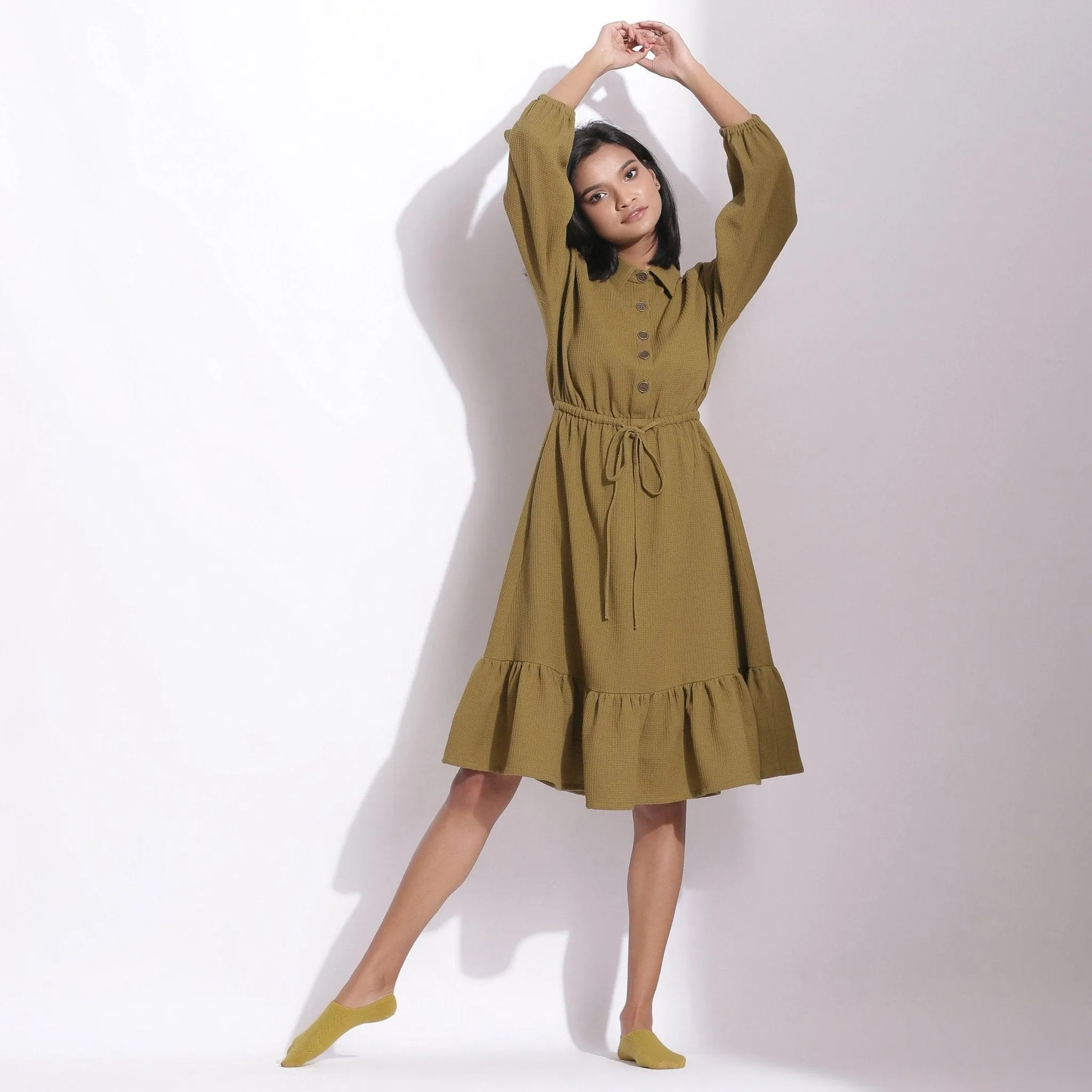 Olive Green Warm Cotton Waffle Knee Length Dress