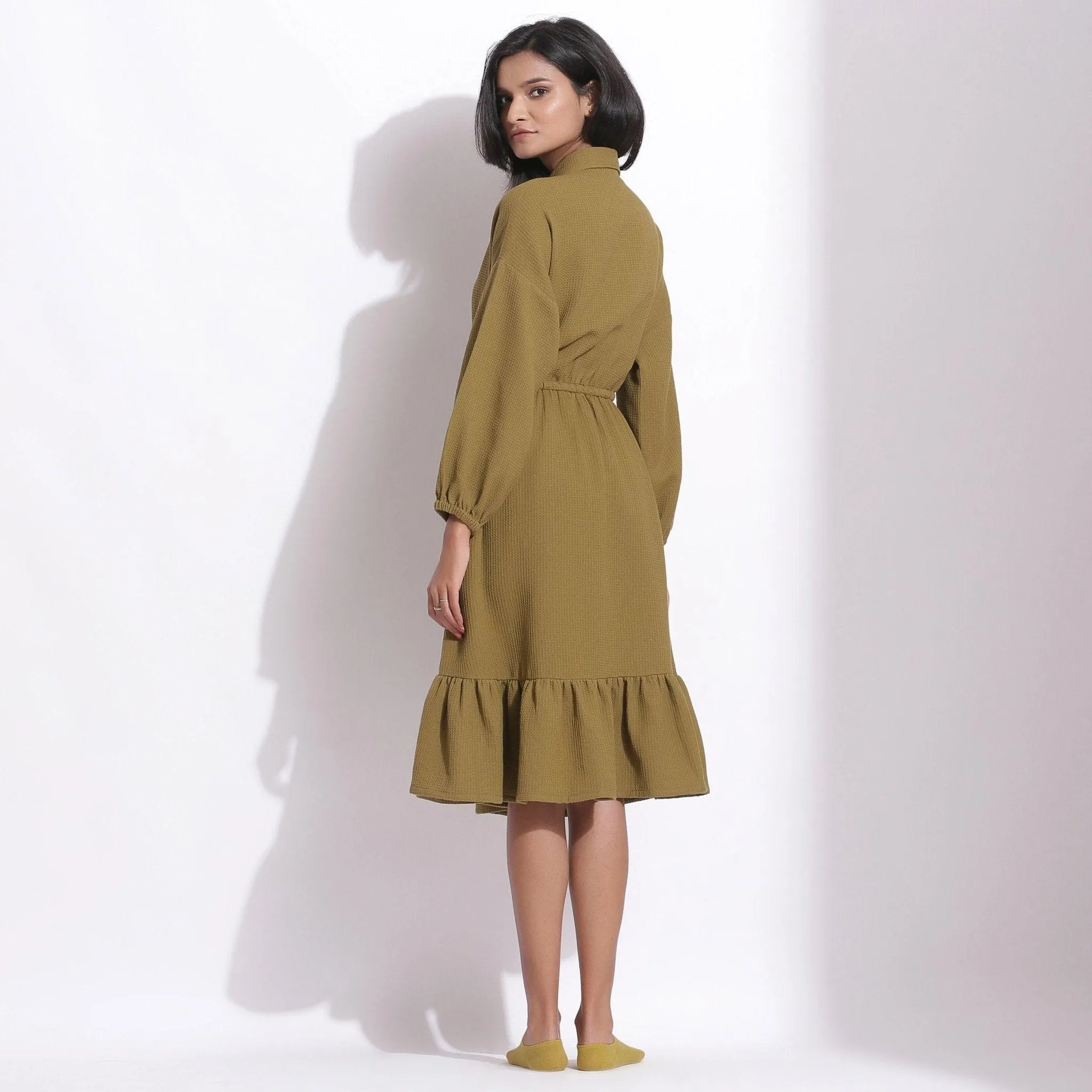 Olive Green Warm Cotton Waffle Knee Length Dress