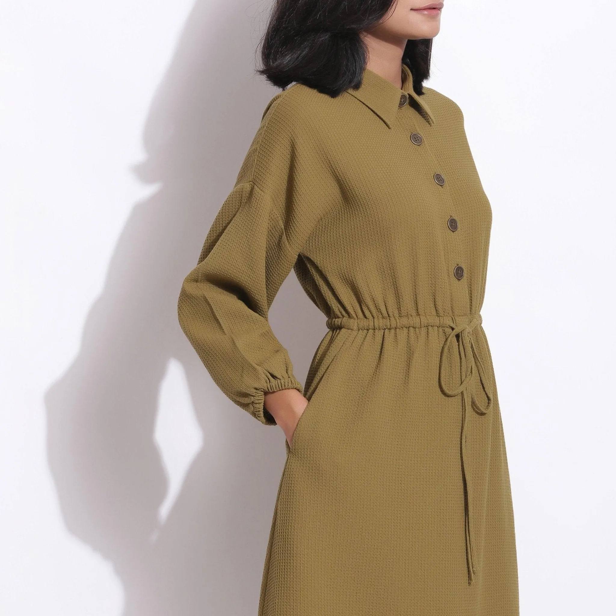 Olive Green Warm Cotton Waffle Knee Length Dress