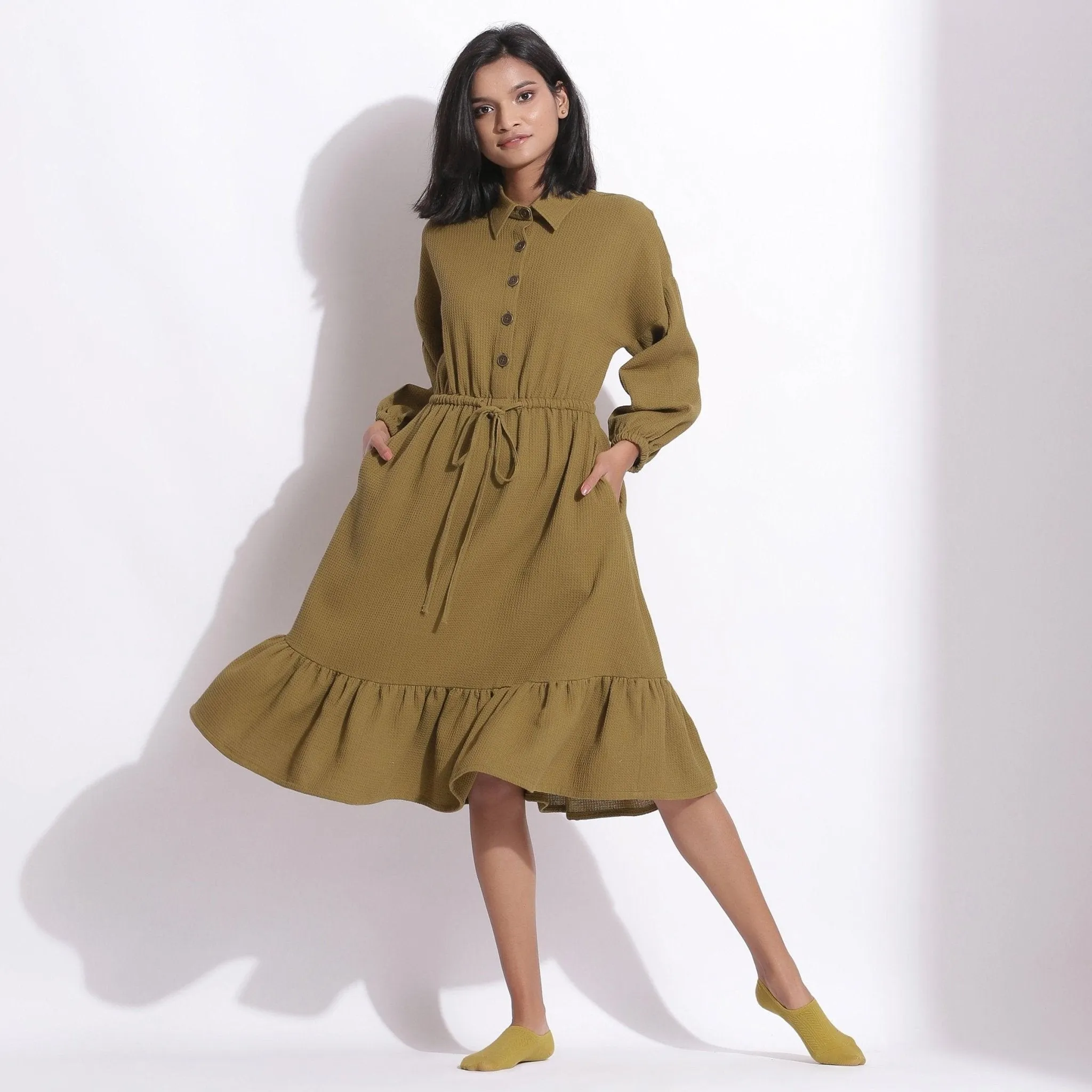 Olive Green Warm Cotton Waffle Knee Length Dress