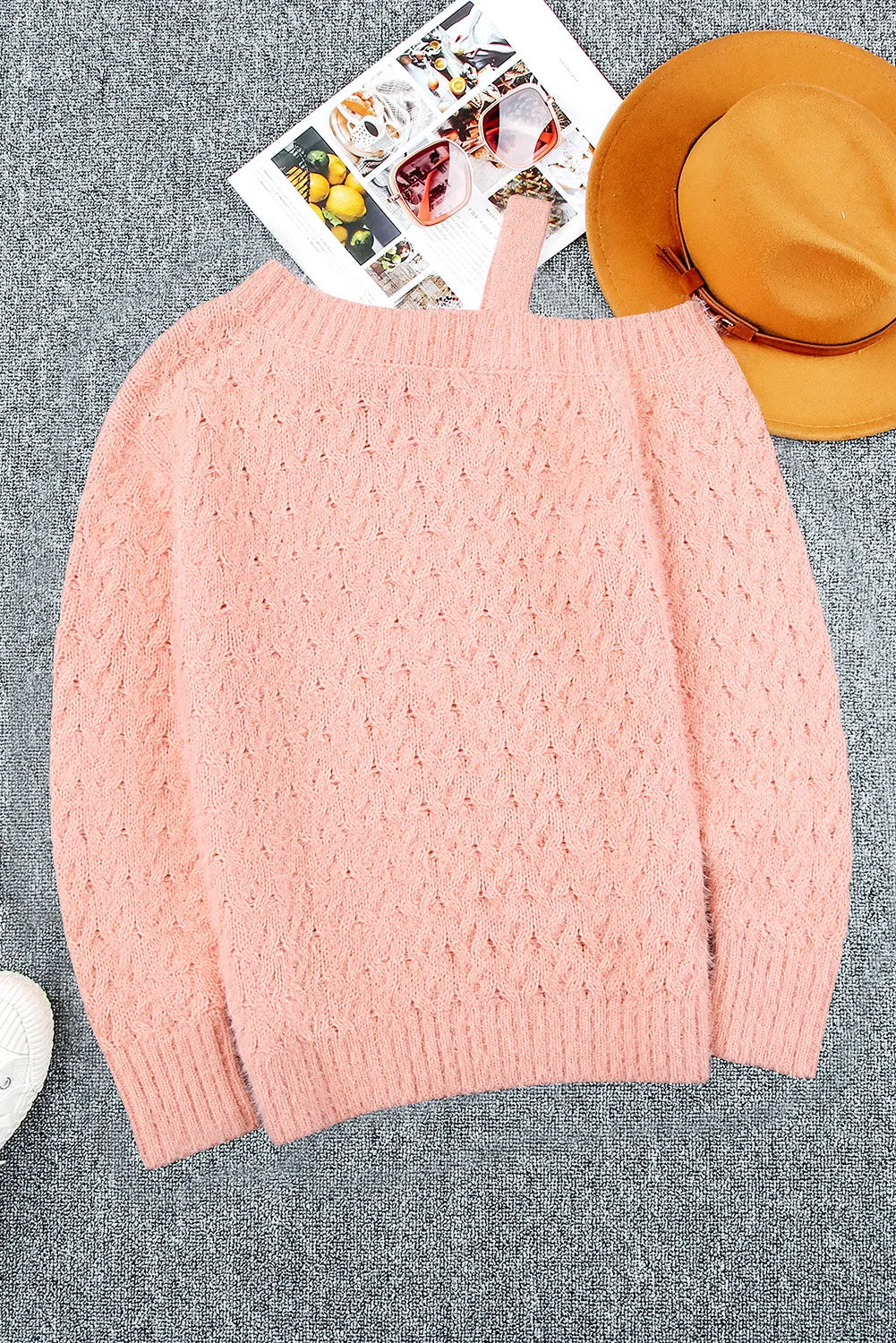 Pink  Asymmetric Cut Out Cold Shoulder Eyelash Sweater