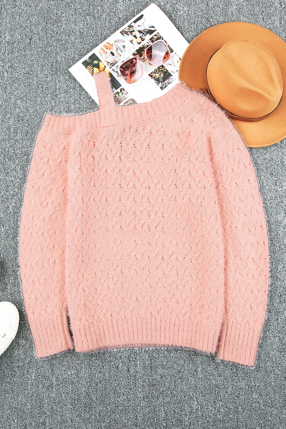 Pink  Asymmetric Cut Out Cold Shoulder Eyelash Sweater