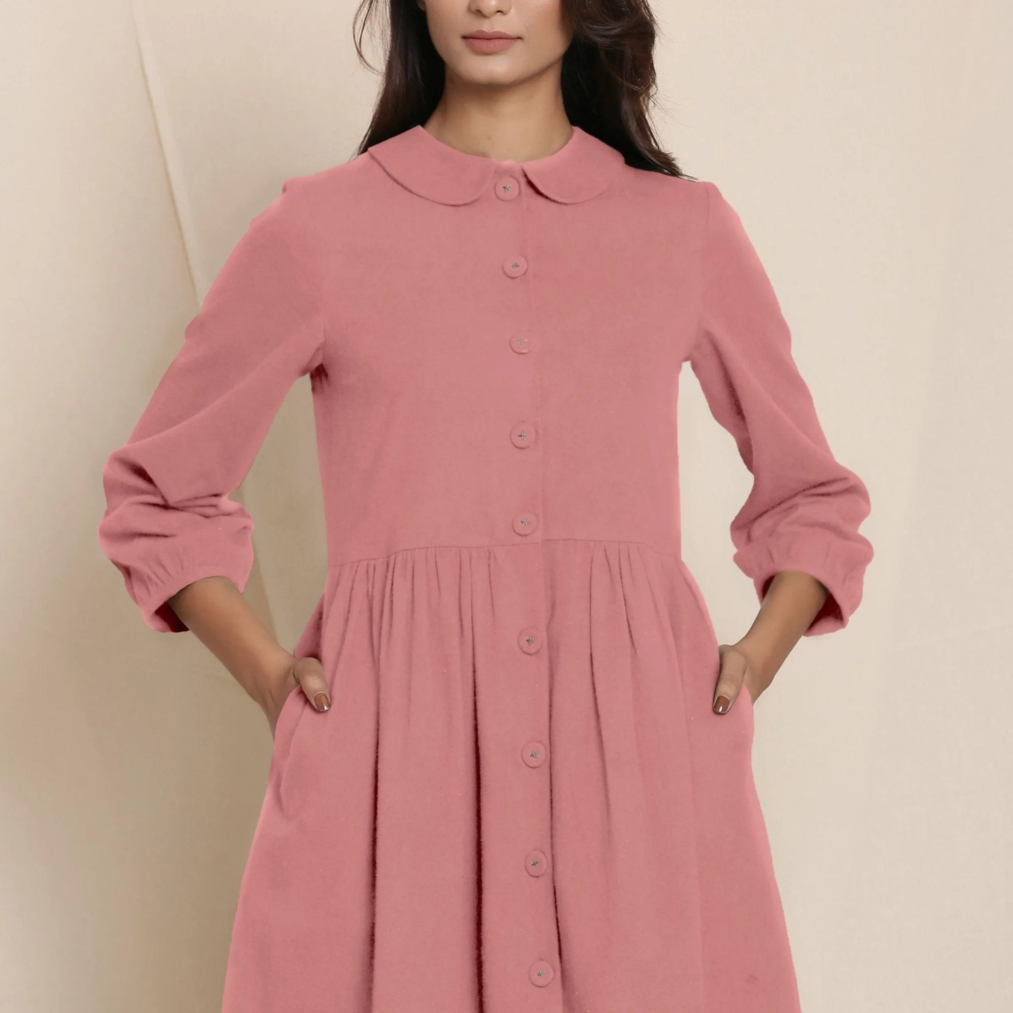 Pink Warm Cotton Flannel Peter Pan Midi Dress