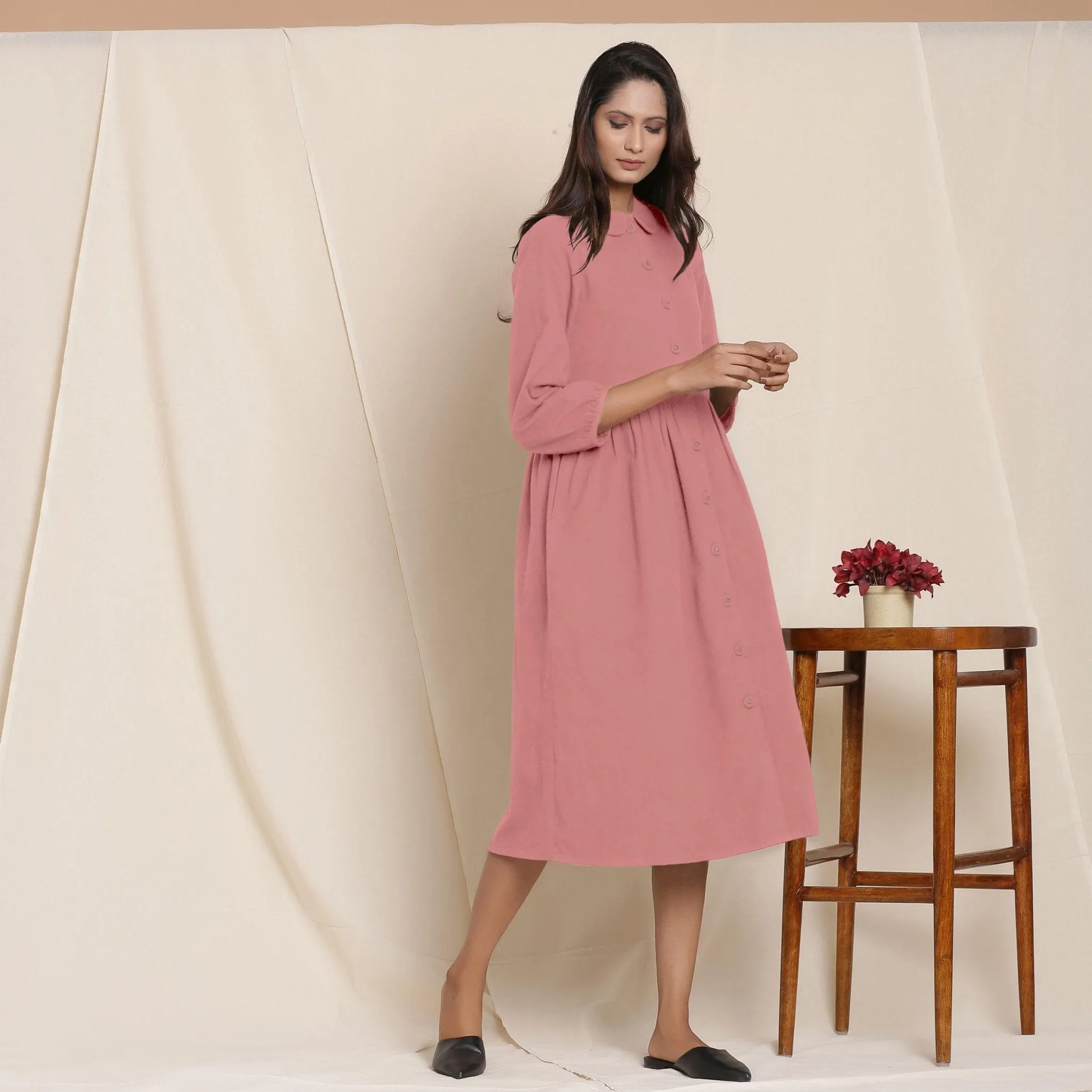 Pink Warm Cotton Flannel Peter Pan Midi Dress