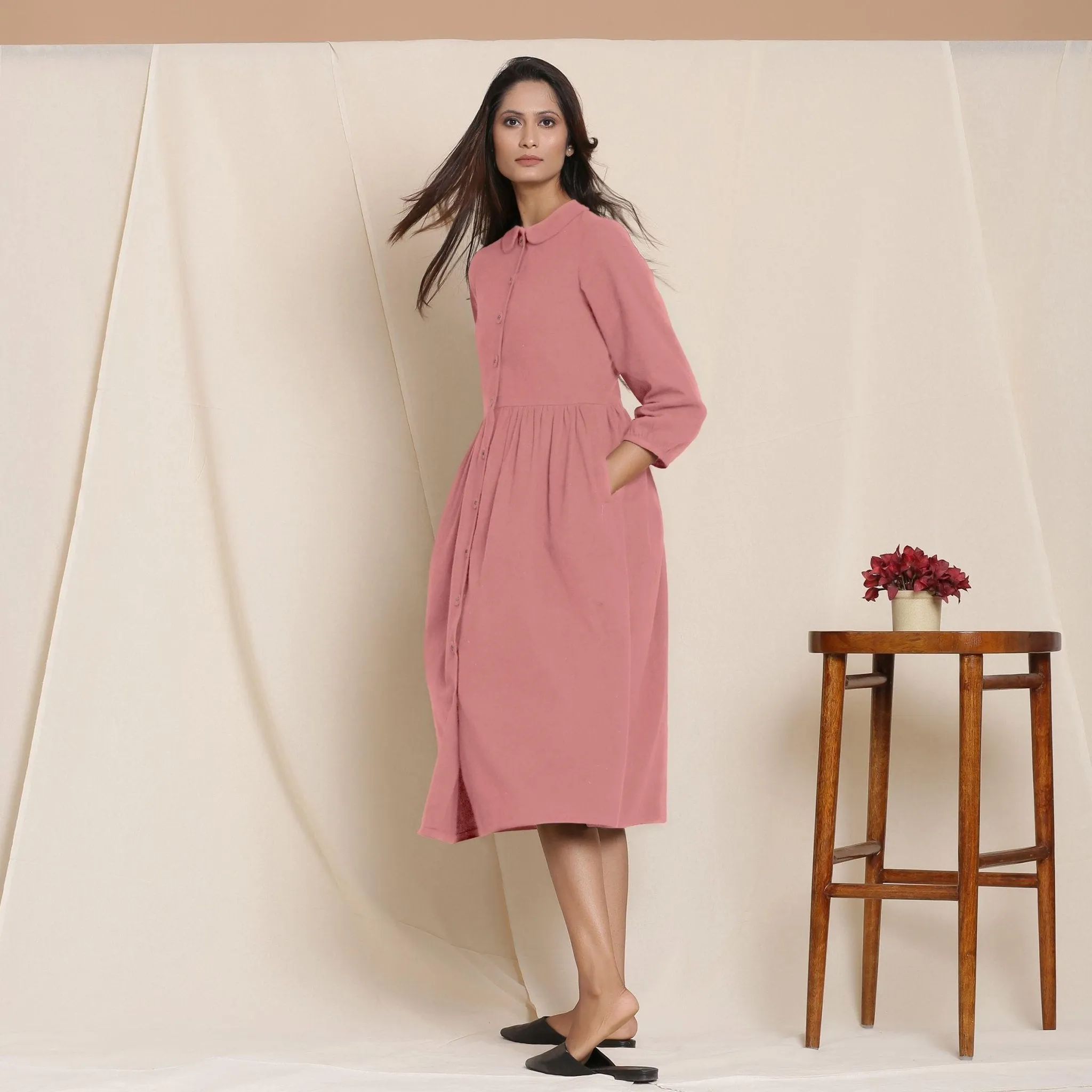 Pink Warm Cotton Flannel Peter Pan Midi Dress