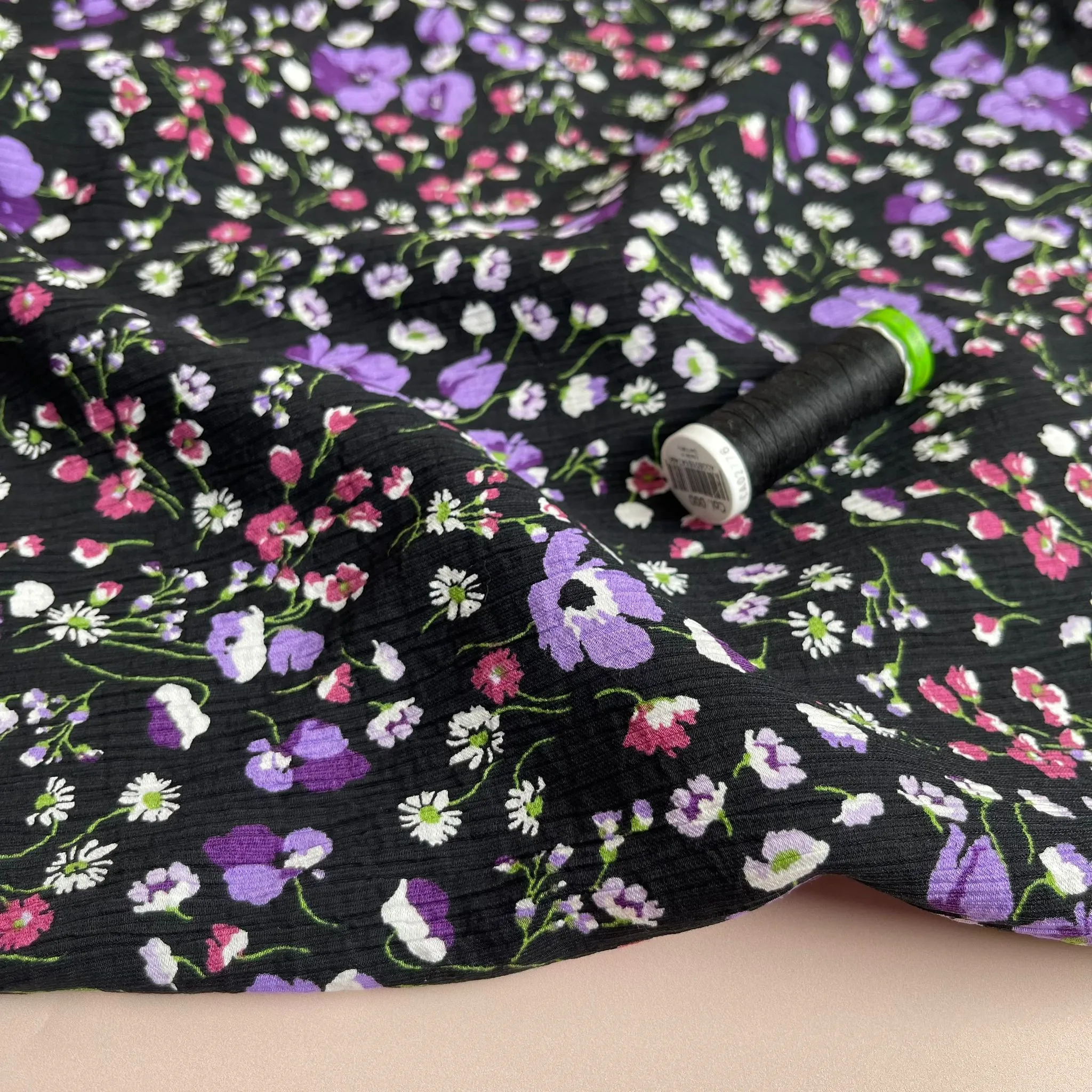 Purple Ditsy Flowers Textured Viscose Fabric