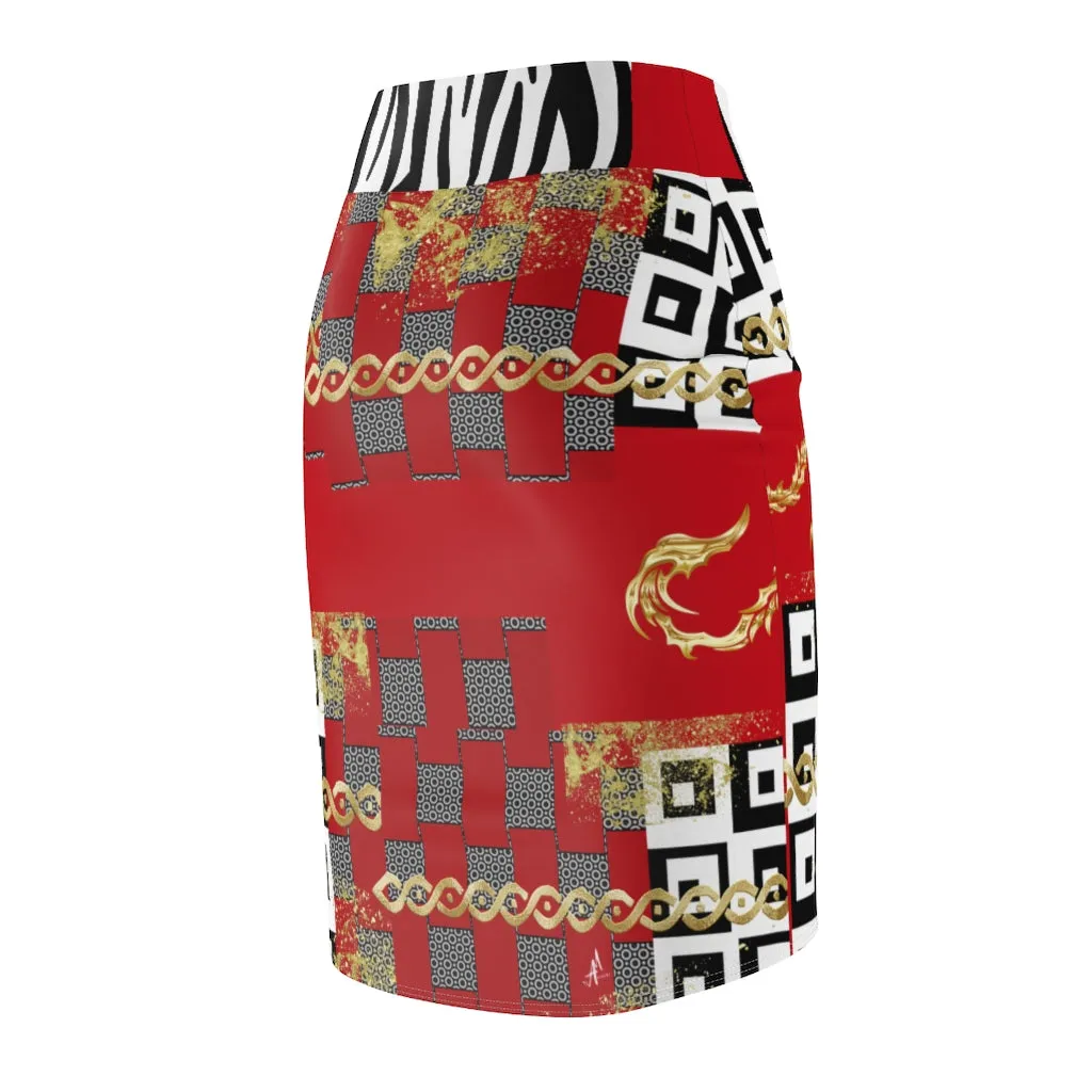 Red Polished Punteggiato Pencil Skirt