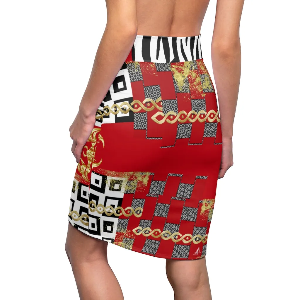 Red Polished Punteggiato Pencil Skirt