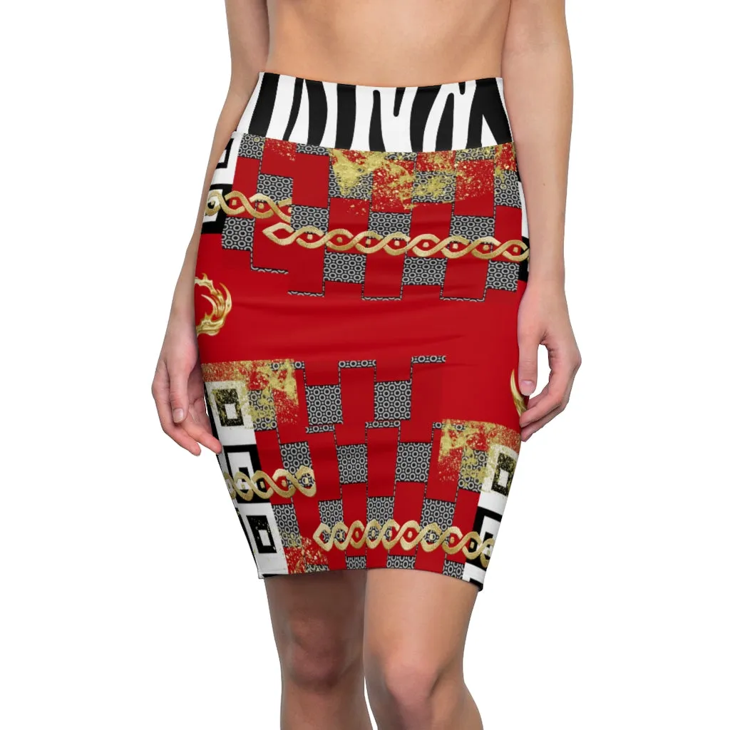 Red Polished Punteggiato Pencil Skirt