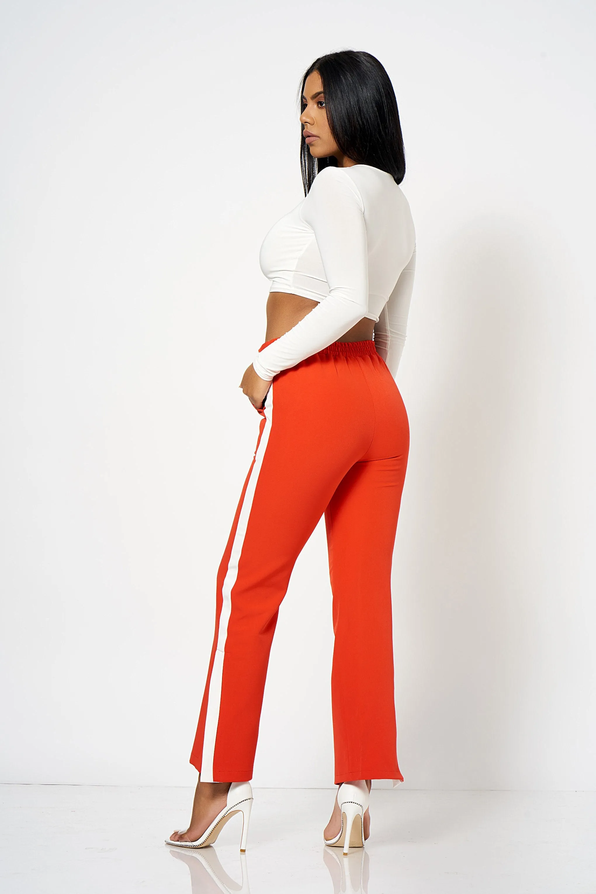 Red Side Strip Split Wide Leg Trousers