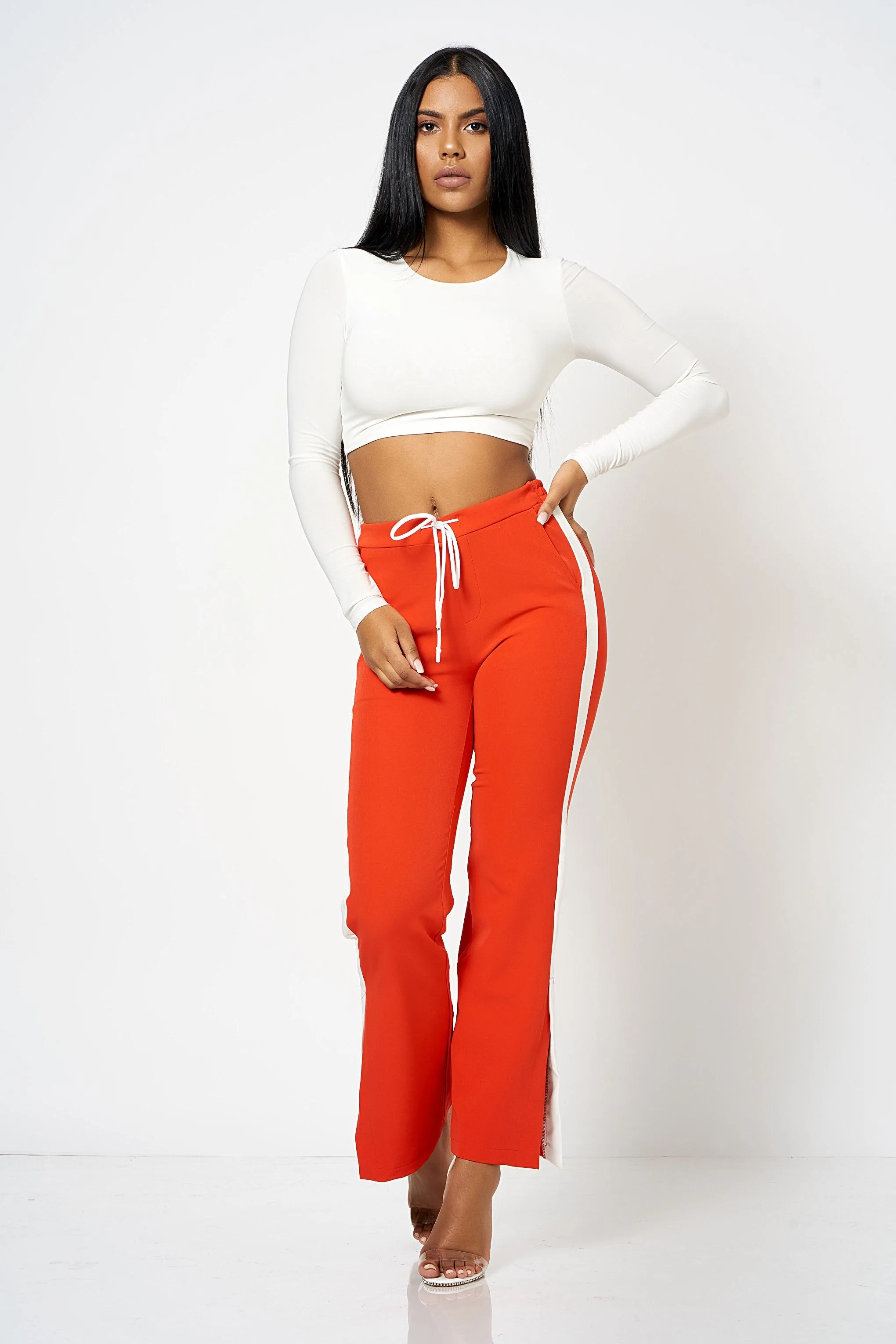 Red Side Strip Split Wide Leg Trousers