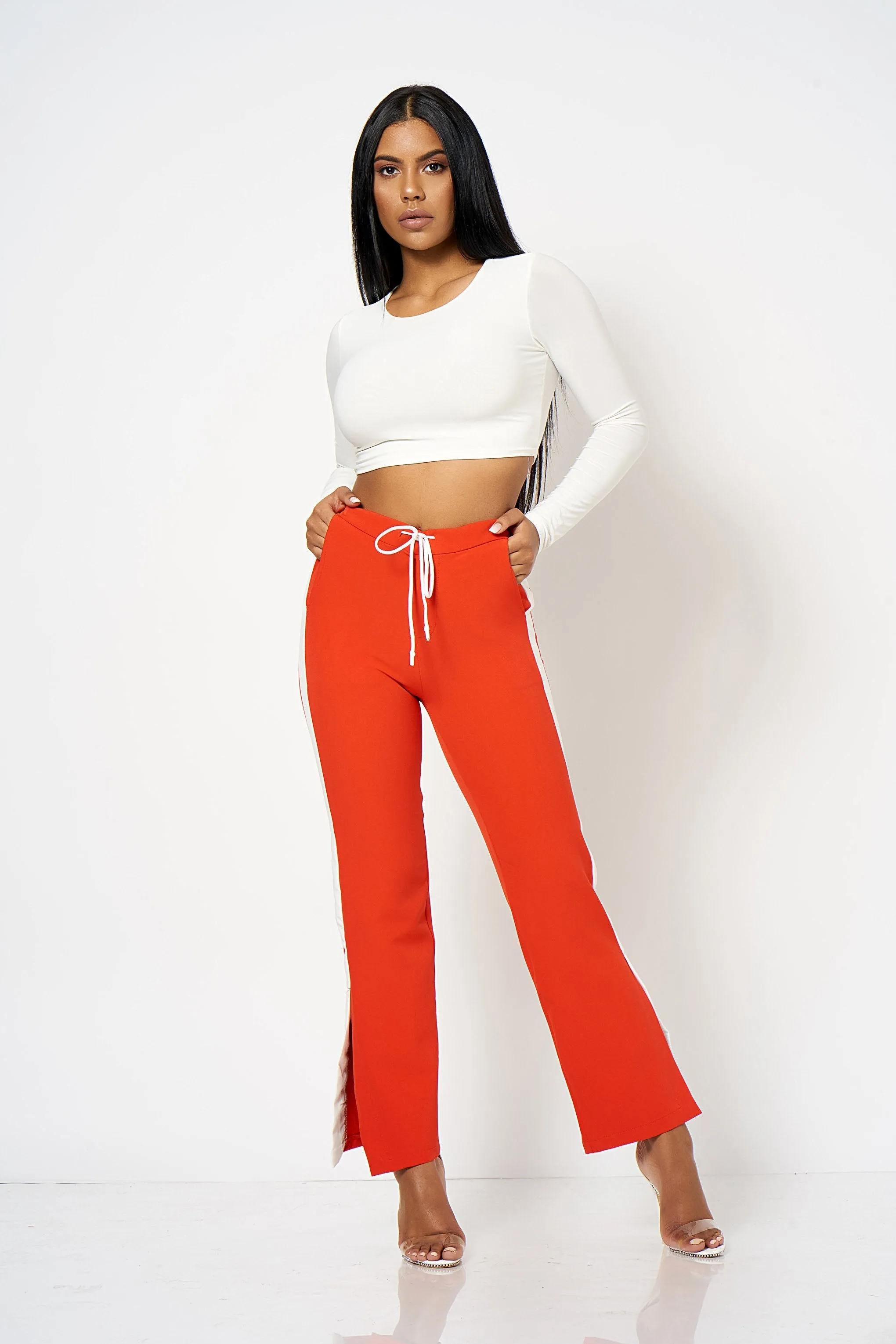 Red Side Strip Split Wide Leg Trousers