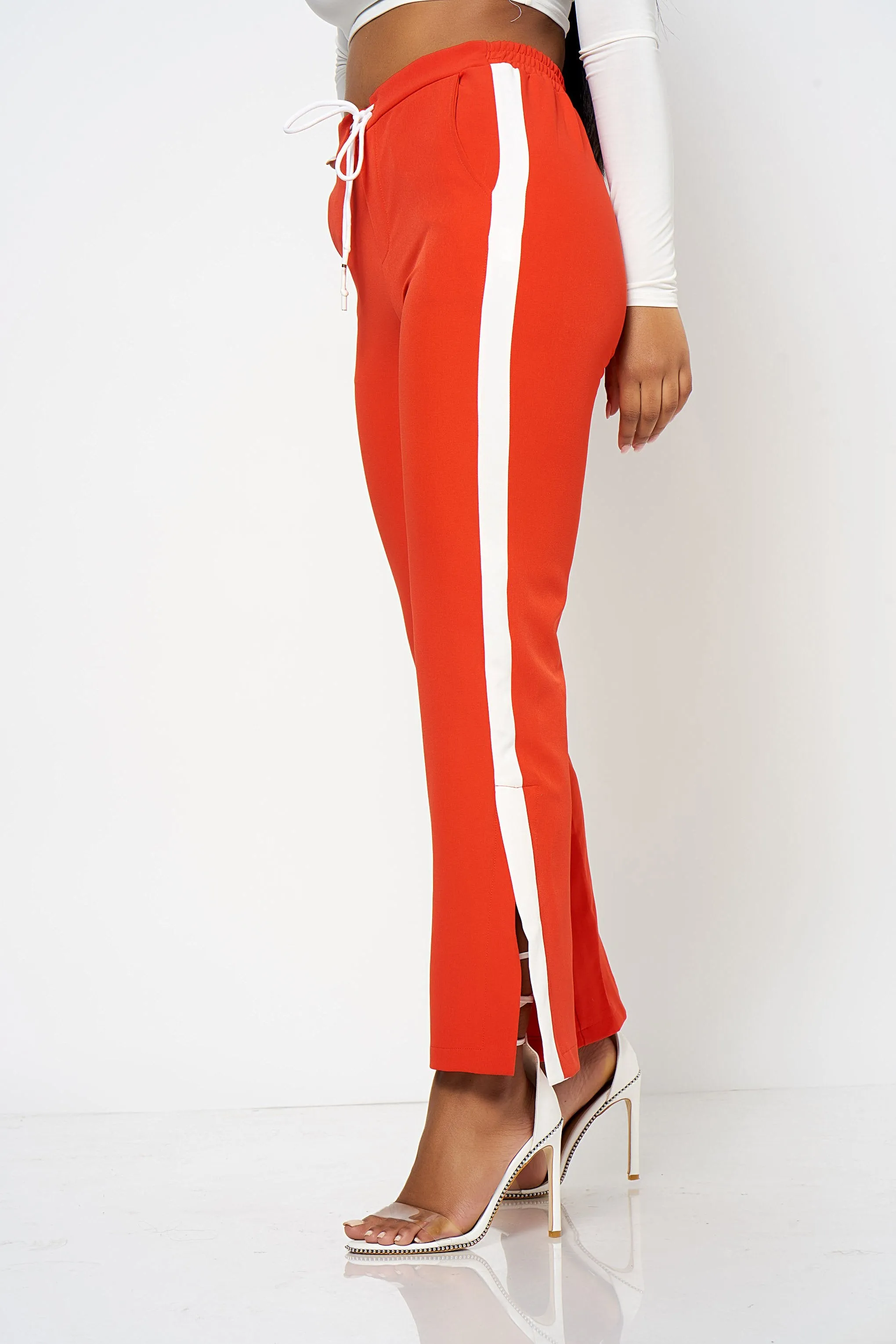 Red Side Strip Split Wide Leg Trousers