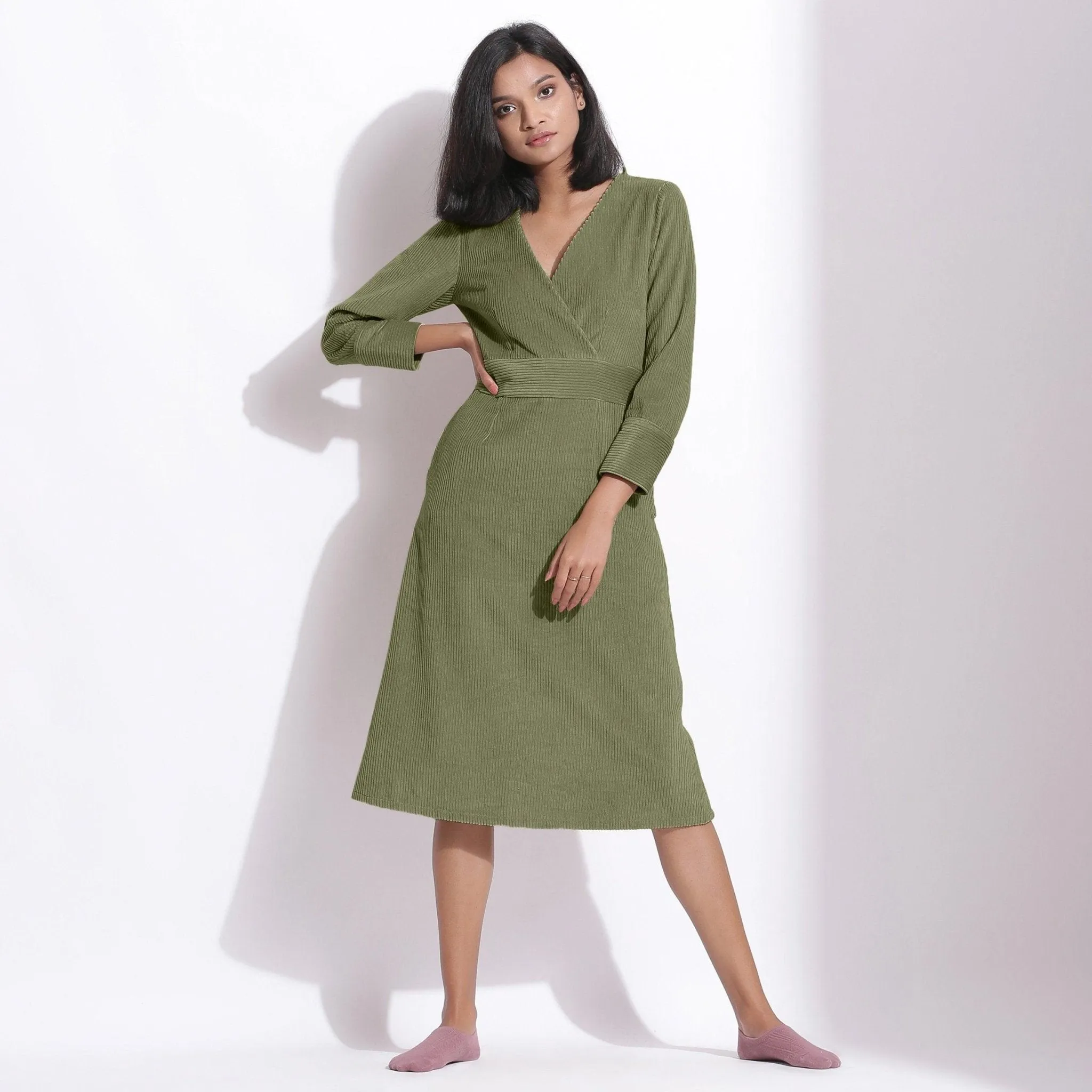 Sage Green Warm Cotton Corduroy Knee Length Dress