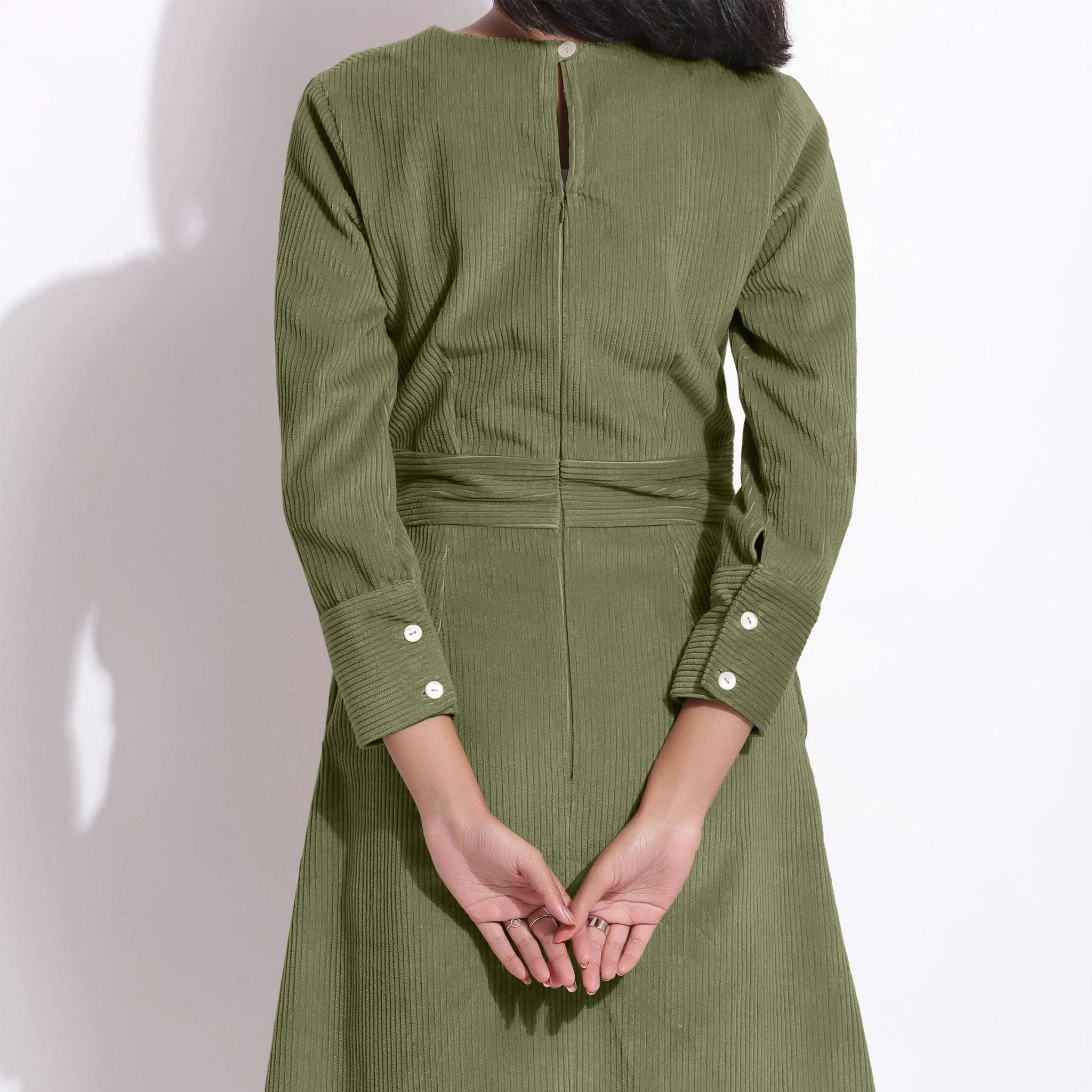 Sage Green Warm Cotton Corduroy Knee Length Dress