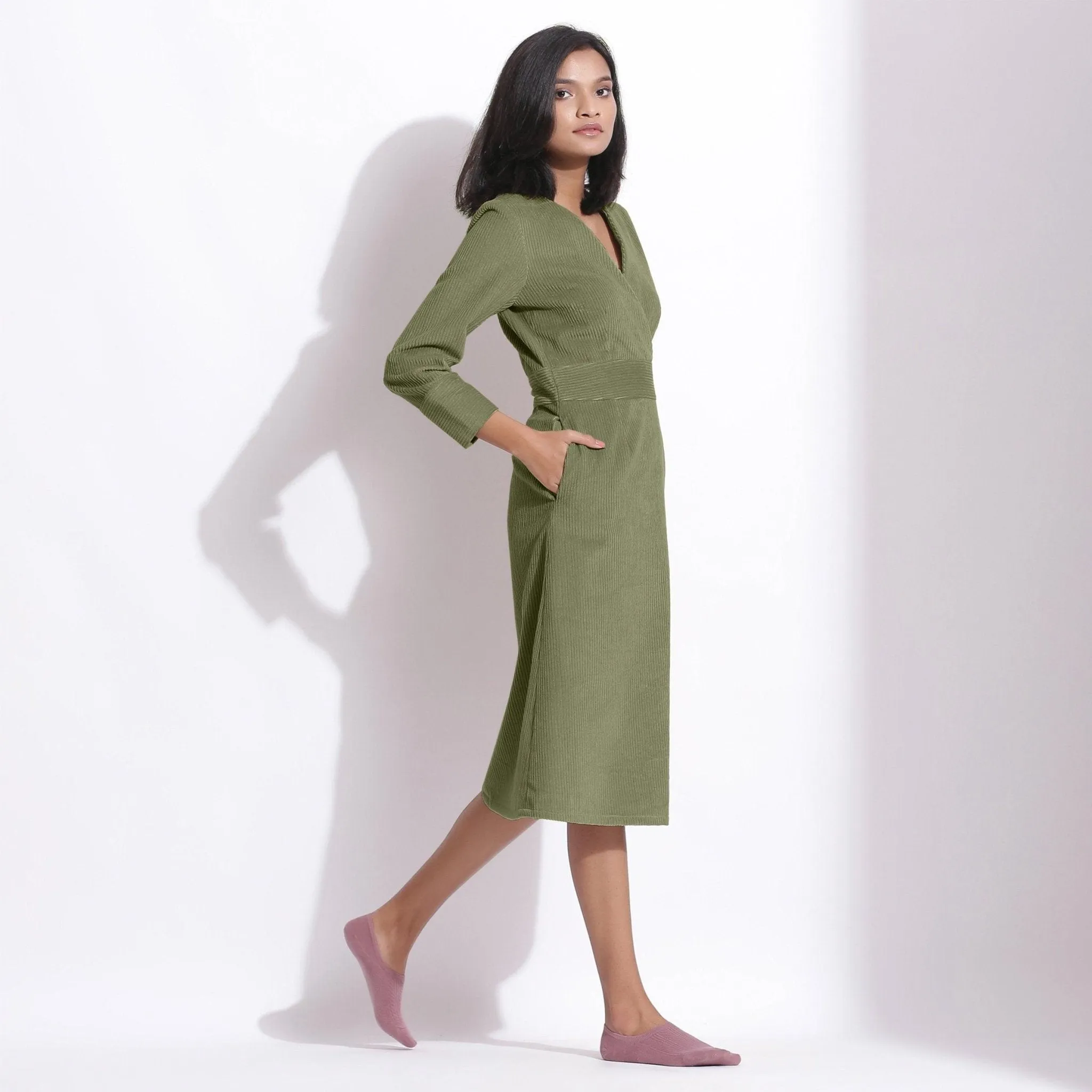 Sage Green Warm Cotton Corduroy Knee Length Dress