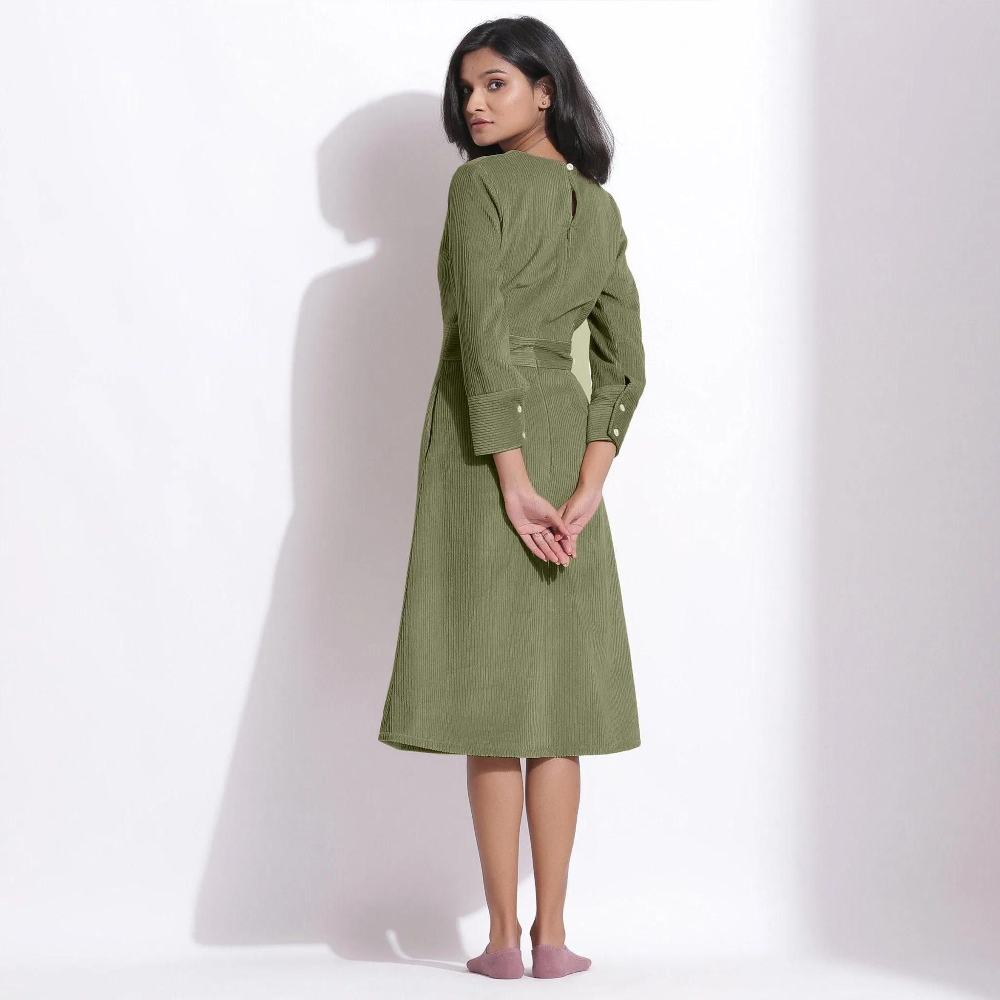 Sage Green Warm Cotton Corduroy Knee Length Dress