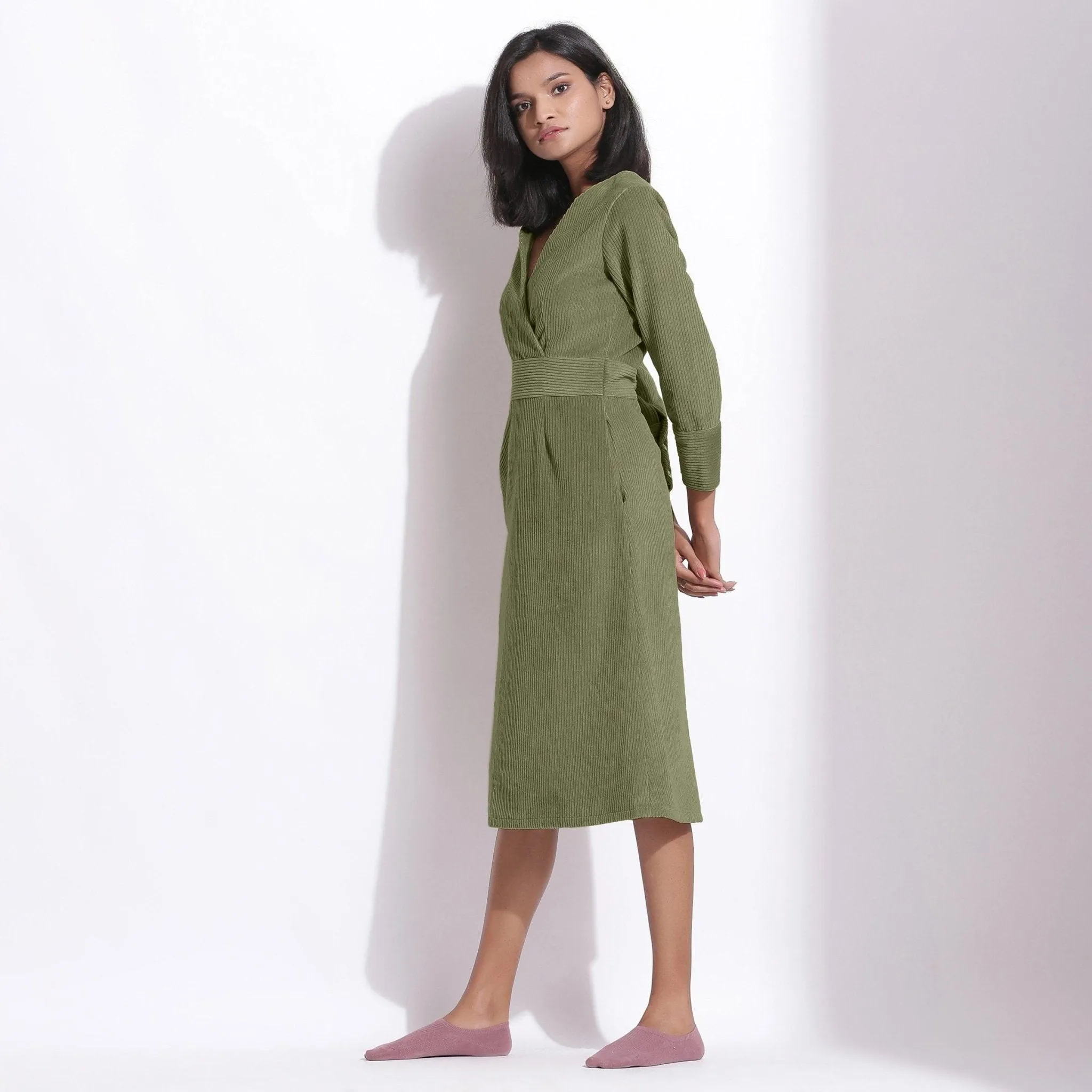 Sage Green Warm Cotton Corduroy Knee Length Dress