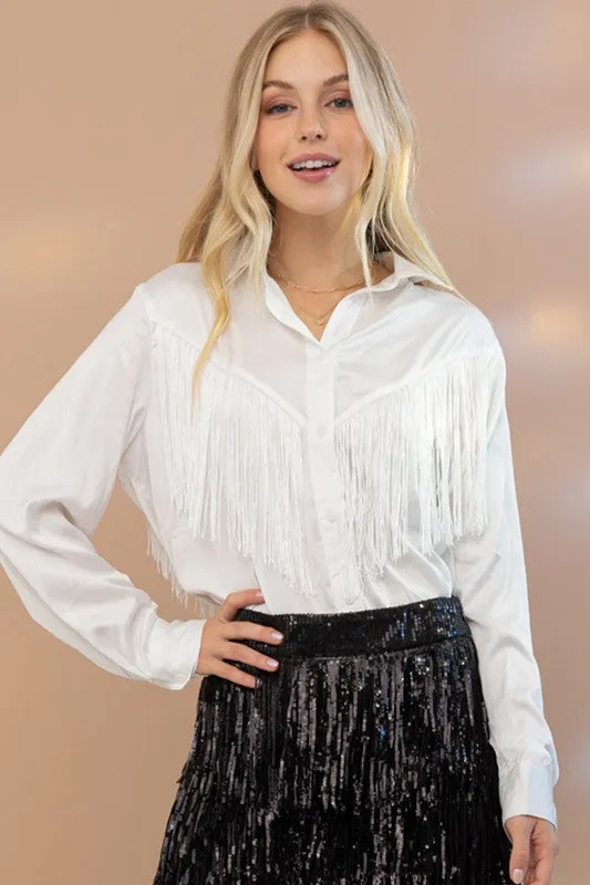 Satin Shirt Blouse with Chevron Fringe