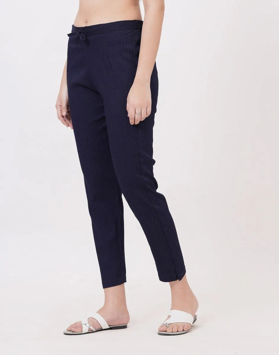 Satrangi Women's Navy Blue Viscose Ribbed Lycra Trouser