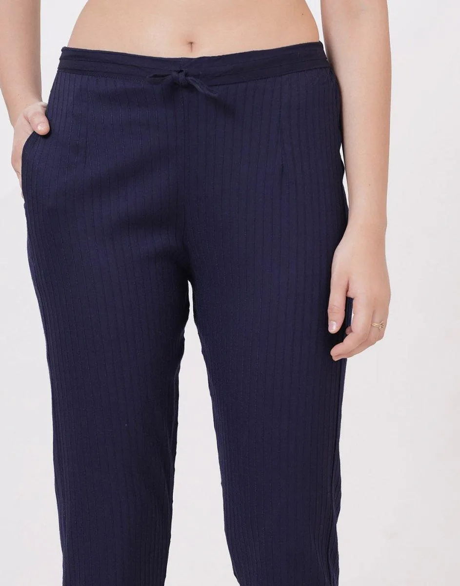 Satrangi Women's Navy Blue Viscose Ribbed Lycra Trouser