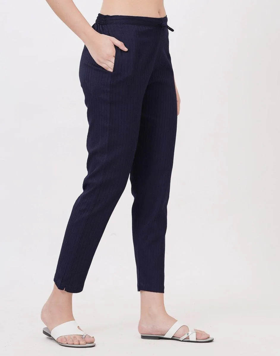 Satrangi Women's Navy Blue Viscose Ribbed Lycra Trouser