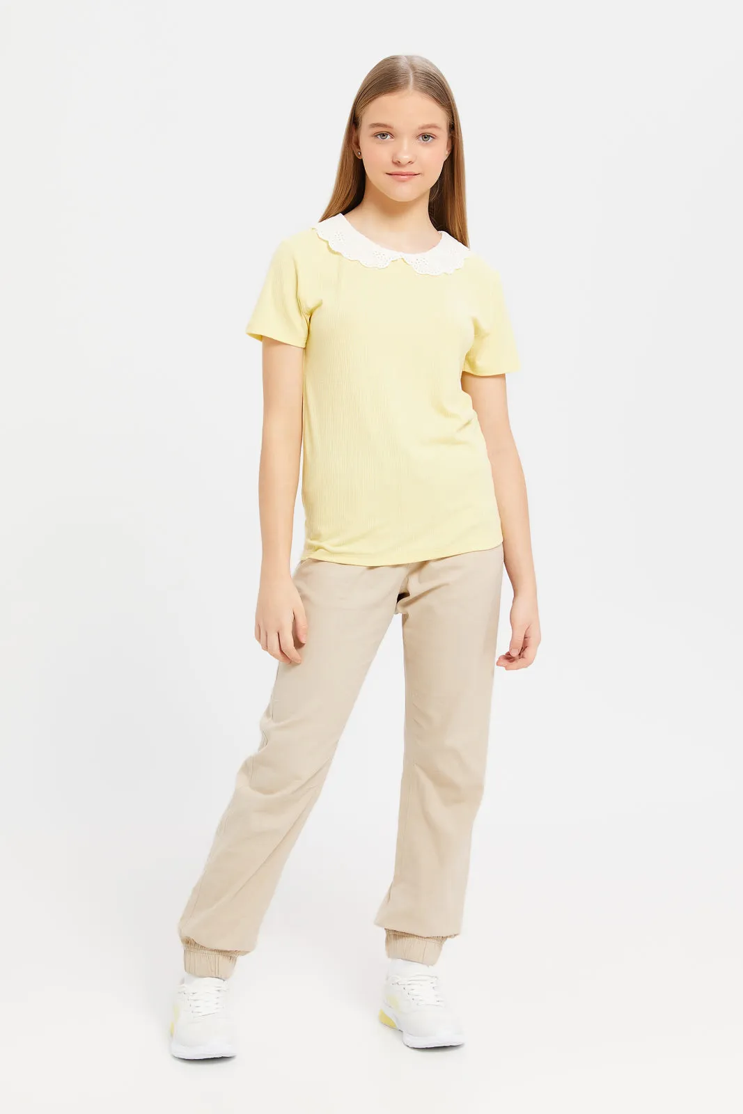 Senior Girls Yellow Peter Pan Collar Rib Blouse