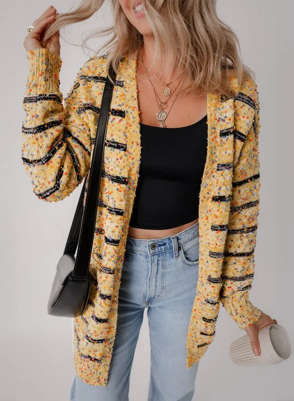 Striped Pom Pom Knit Open Front Long Cardigan