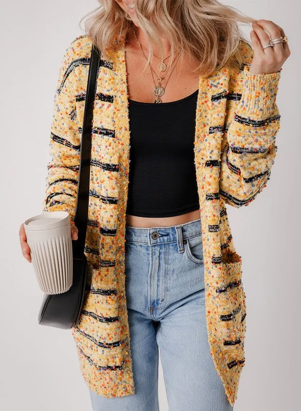 Striped Pom Pom Knit Open Front Long Cardigan