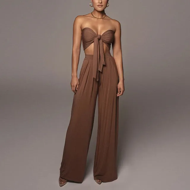 Stylish bandage crop top and vintage wide trousers