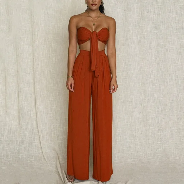 Stylish bandage crop top and vintage wide trousers