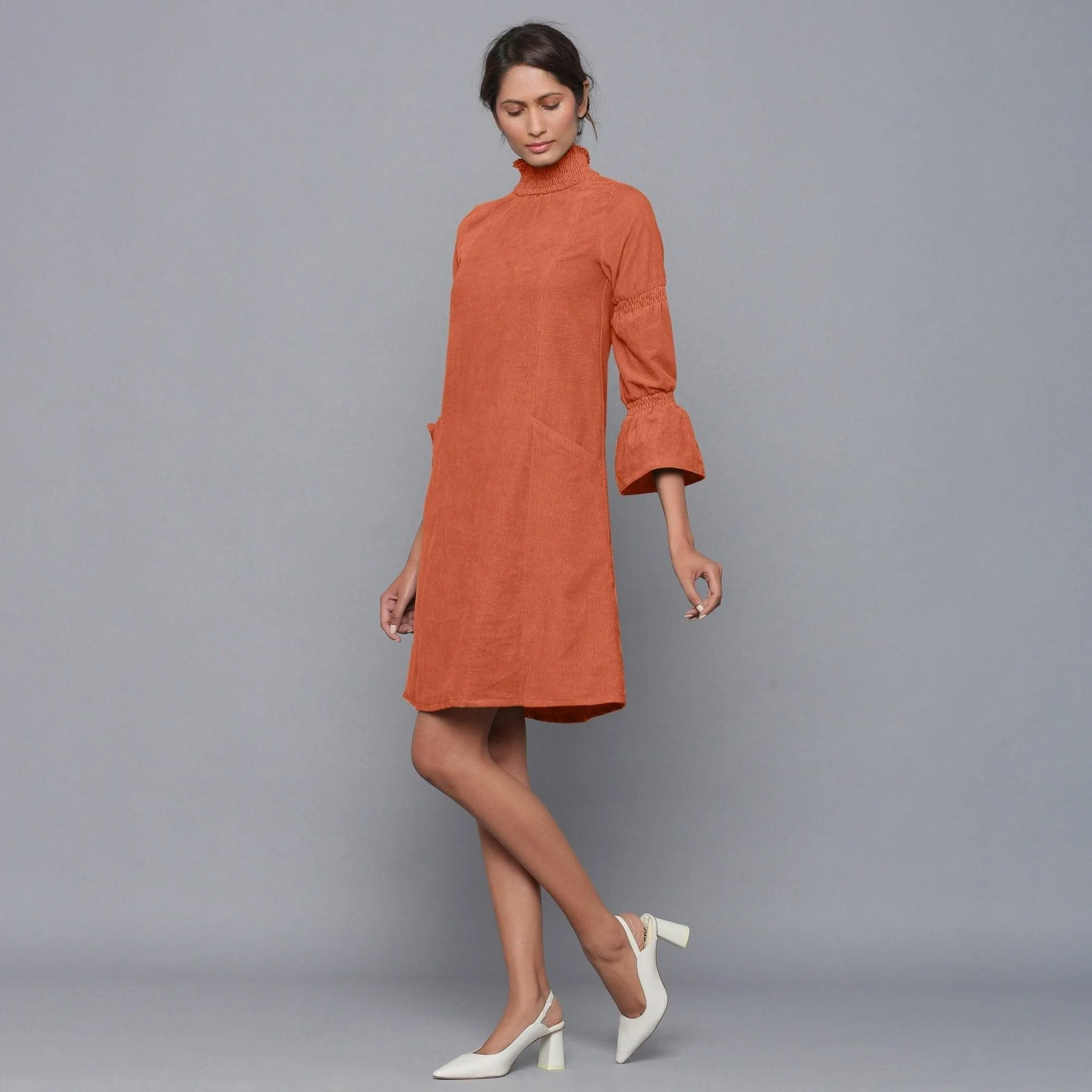 Sunset Rust Warm Cotton Corduroy High Neck Short Dress