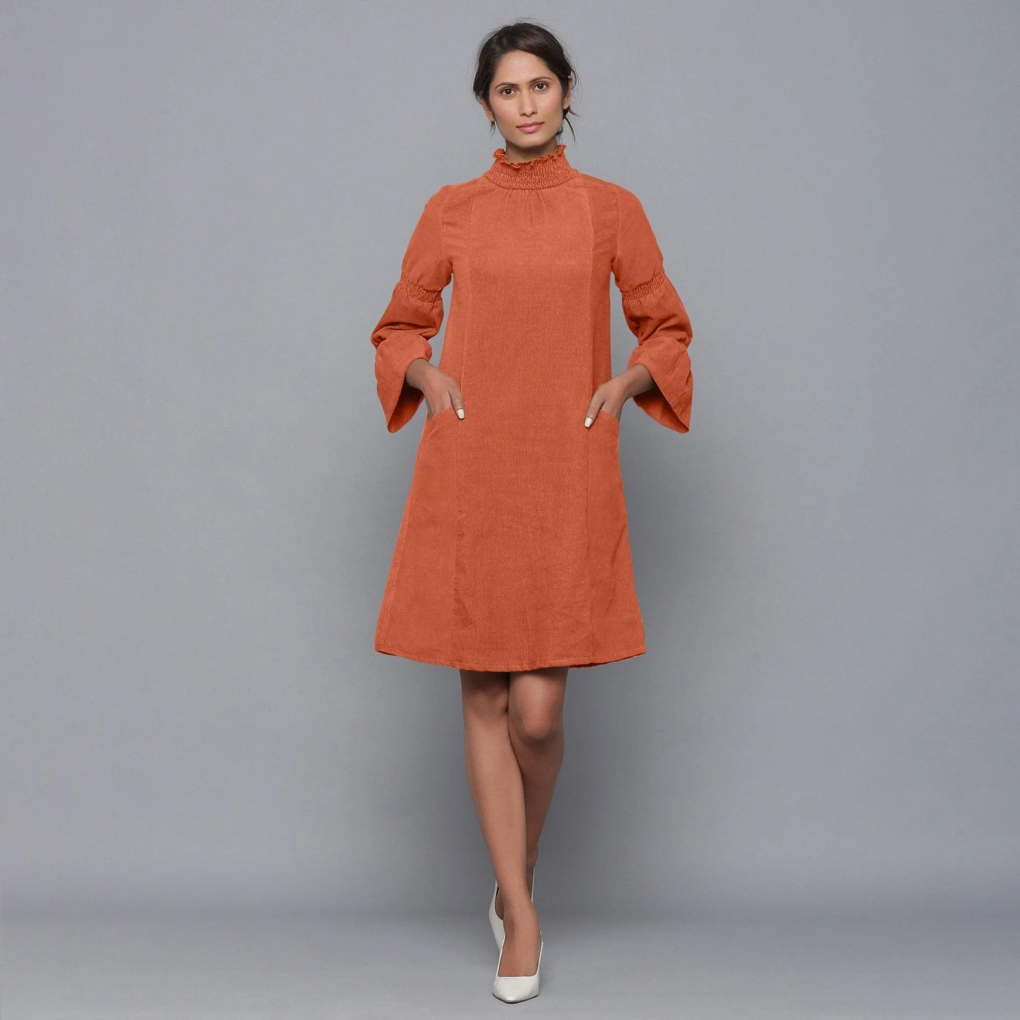 Sunset Rust Warm Cotton Corduroy High Neck Short Dress