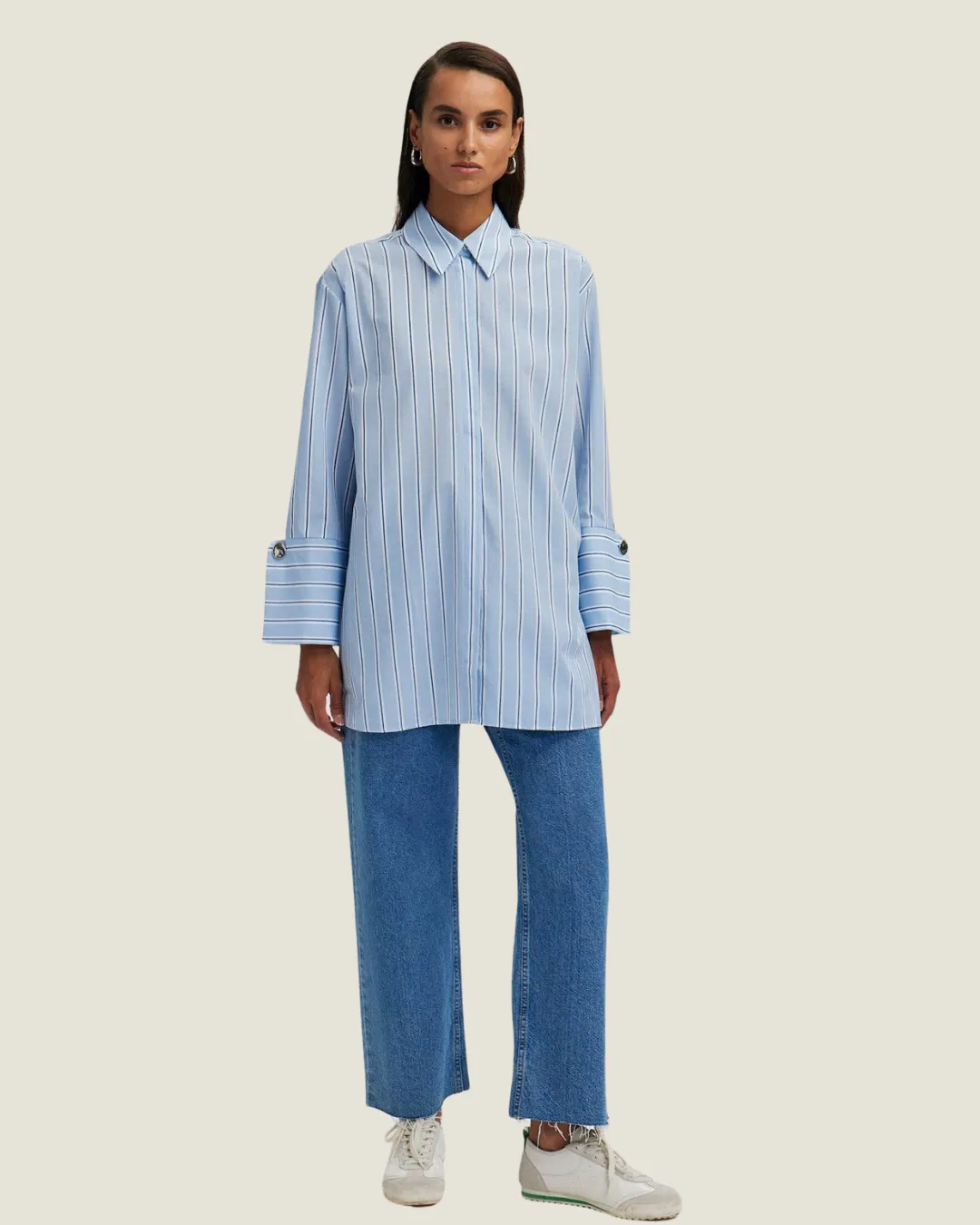 The Serena: Wide Cuff Striped Button Up Top