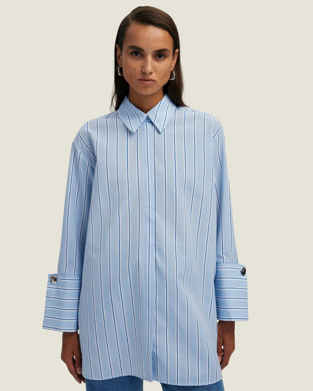 The Serena: Wide Cuff Striped Button Up Top