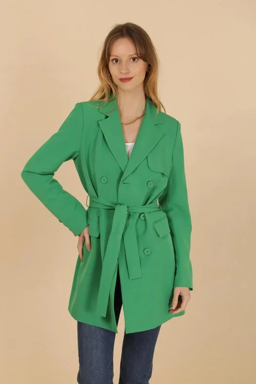 Timeless Plain Mid-Length Jacket With Belt Green