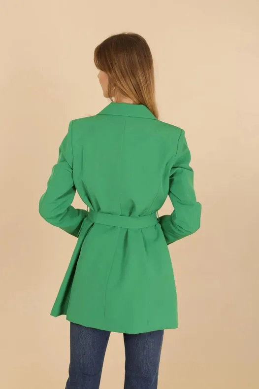 Timeless Plain Mid-Length Jacket With Belt Green