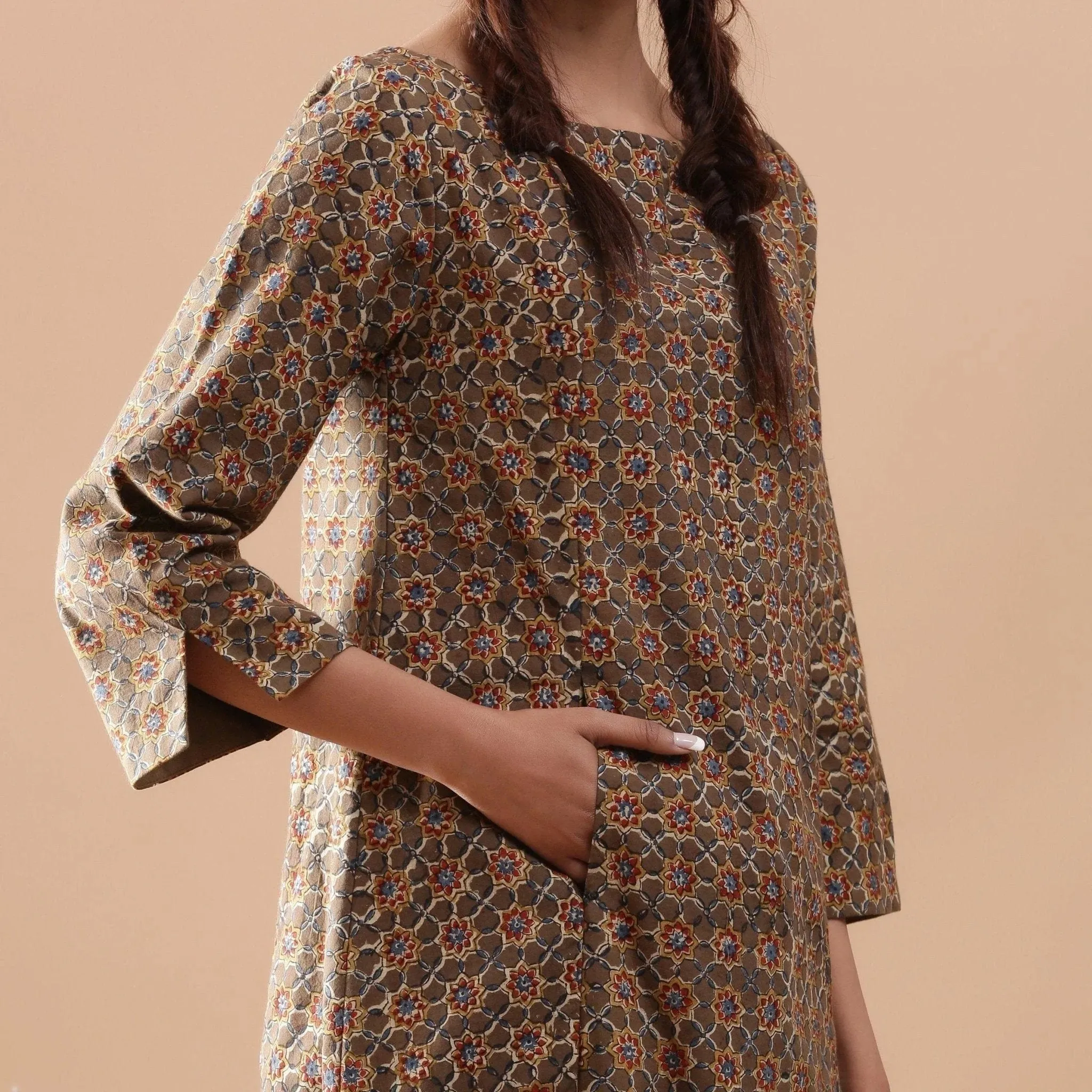 Warm Block Printed Cotton Princess-Line Midi Dress