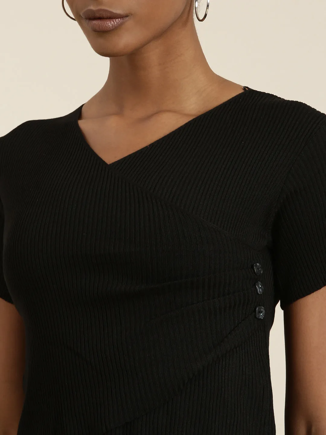 Women Black Solid Wrap Crop Top