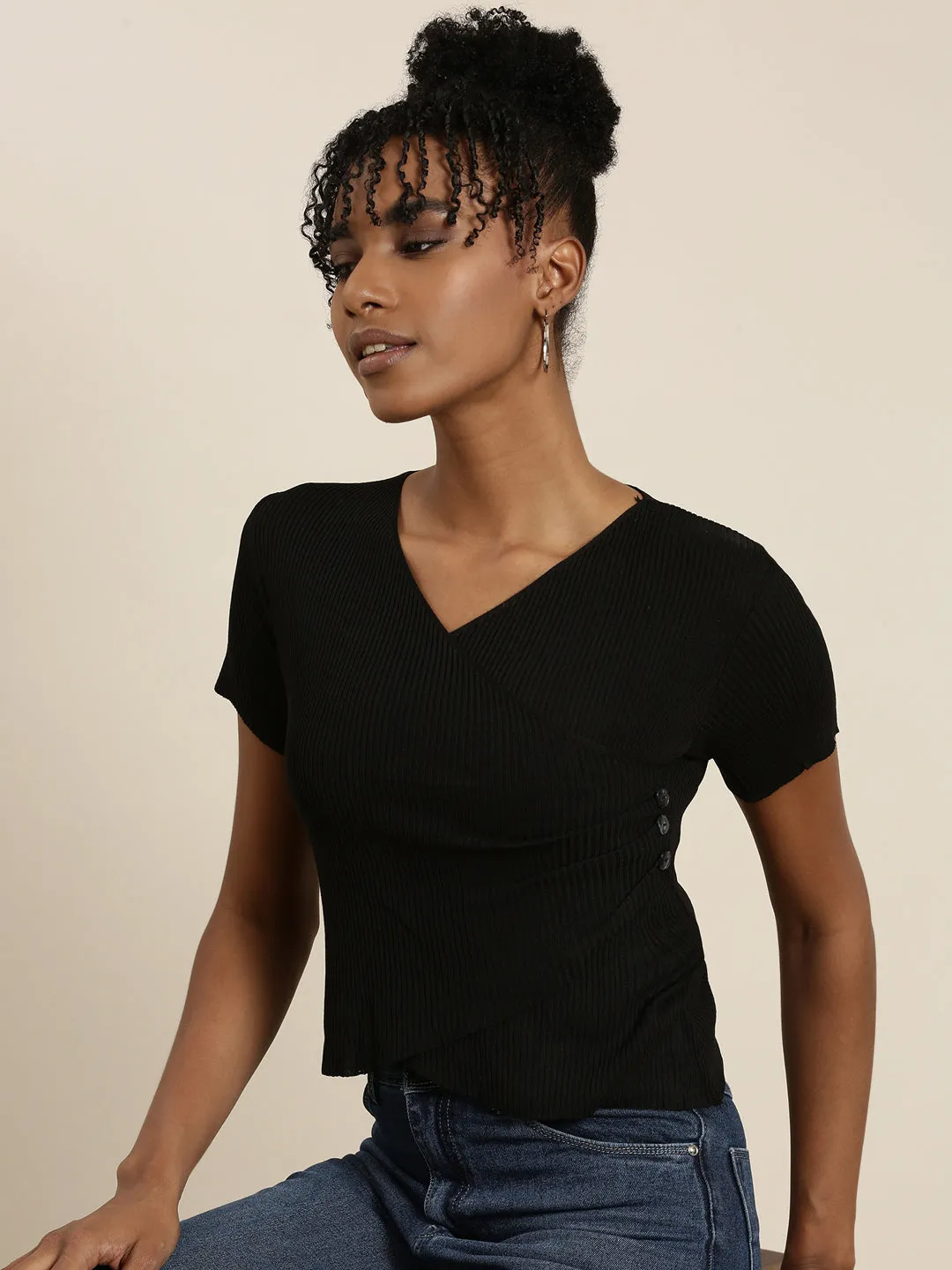 Women Black Solid Wrap Crop Top