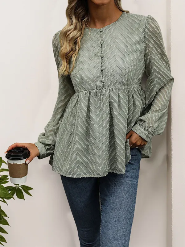 Women Chevron Textured Top Blouse with Long Sleeves